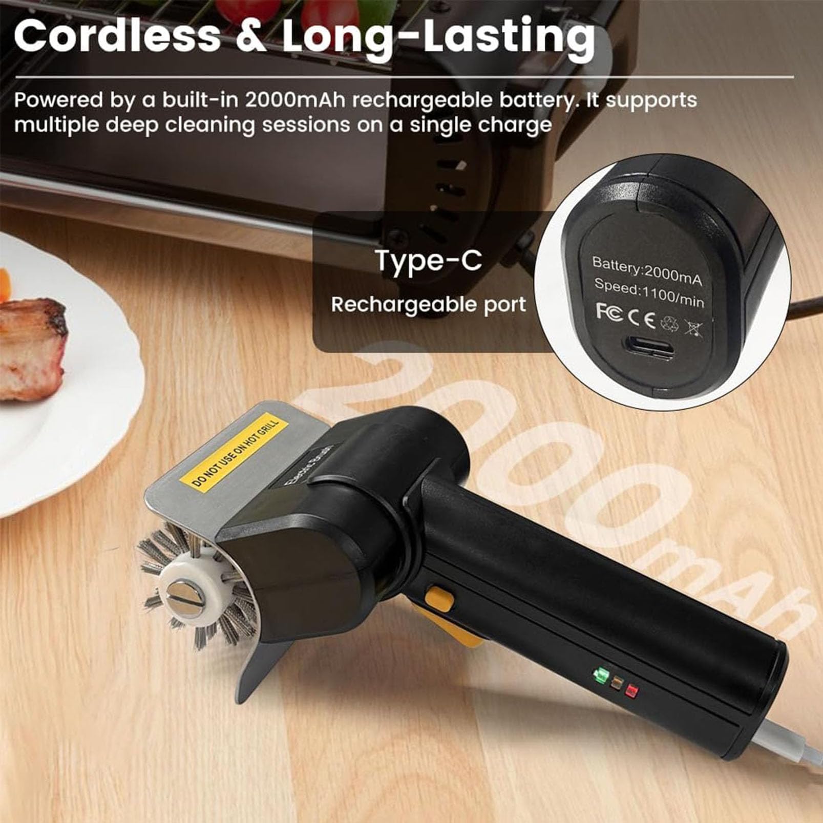 Cepillo Eléctrico para Parrilla, Limpiador Recargable, Cabezal de Acero Inoxidable 304, 700Rpm, Batería 2000Mah, Limpiador de Parrilla Exterior para Barbacoas, Parrillas Exteriores