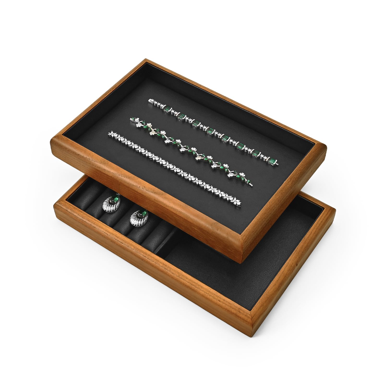 Bandeja de madera para joyas, organizador de joyas para cajón, apilable, bandeja para joyas (negro)