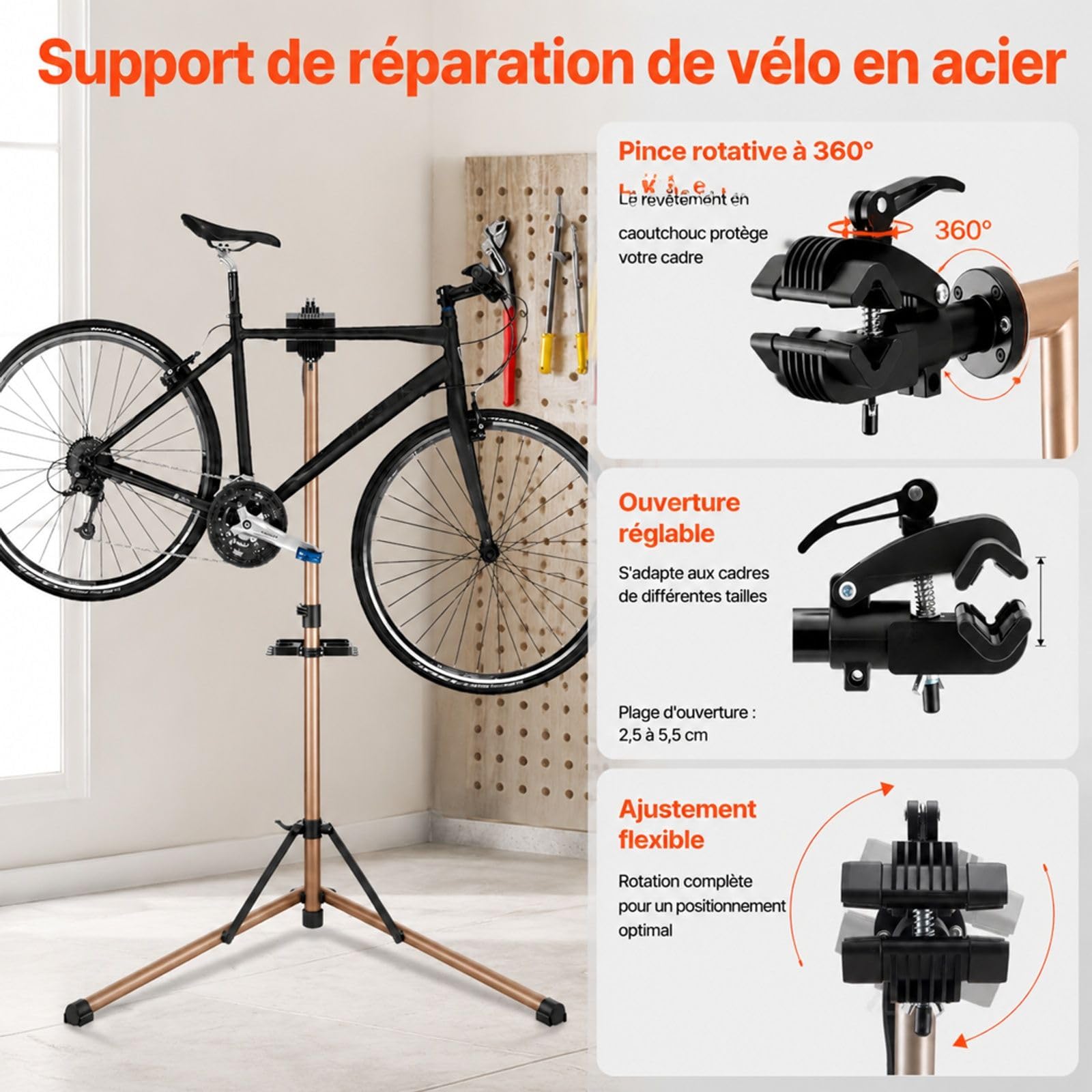 Pied d’atelier pour vélo avec support de réparation réglable et plateau à outils pour entretien de vélo