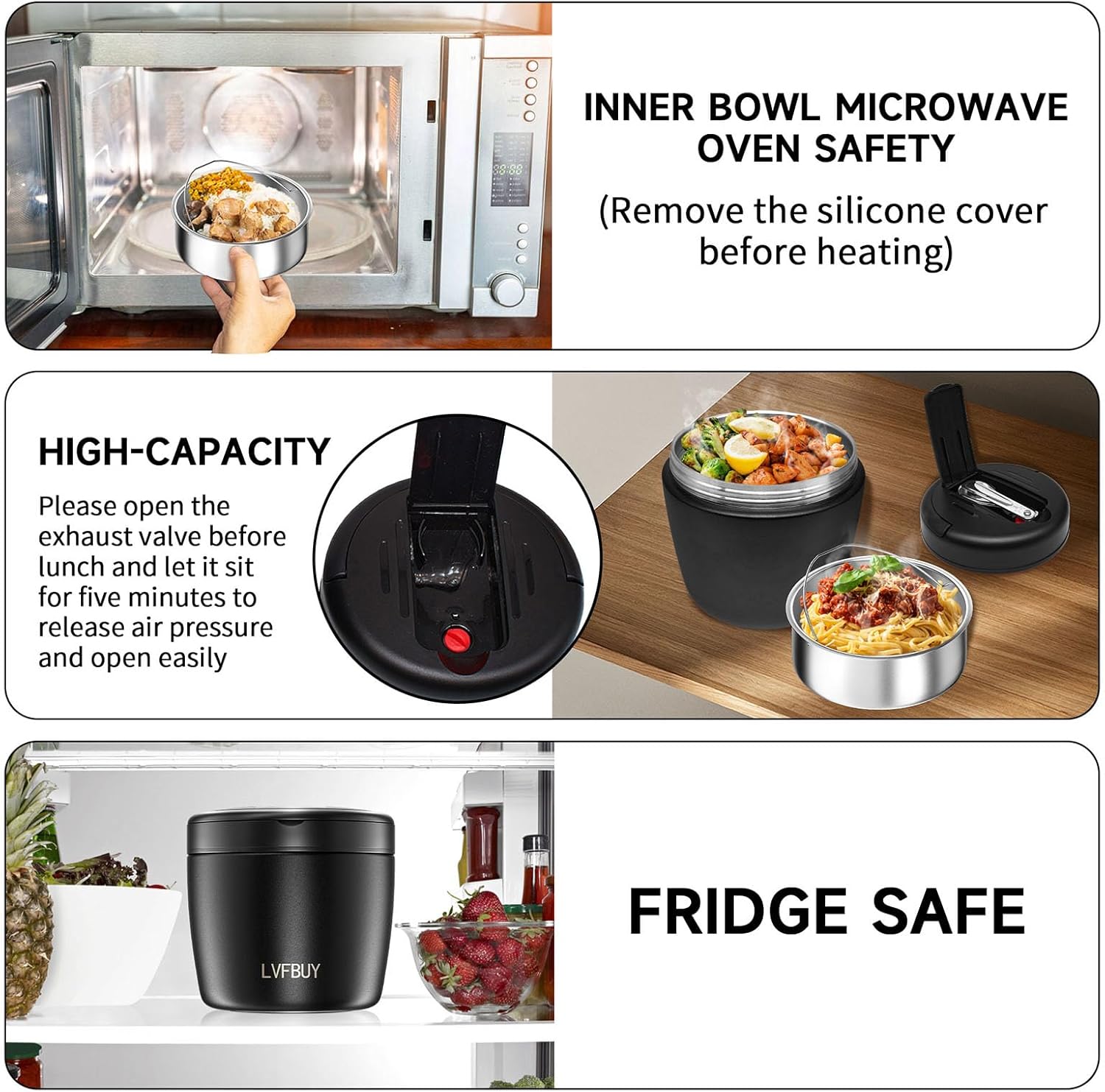 Vacuum Insulated Food Jar 32OZ For adults– Leakproof Food Thermo For Hot Food with Spoon, for Office&Camping,Black - Image 3