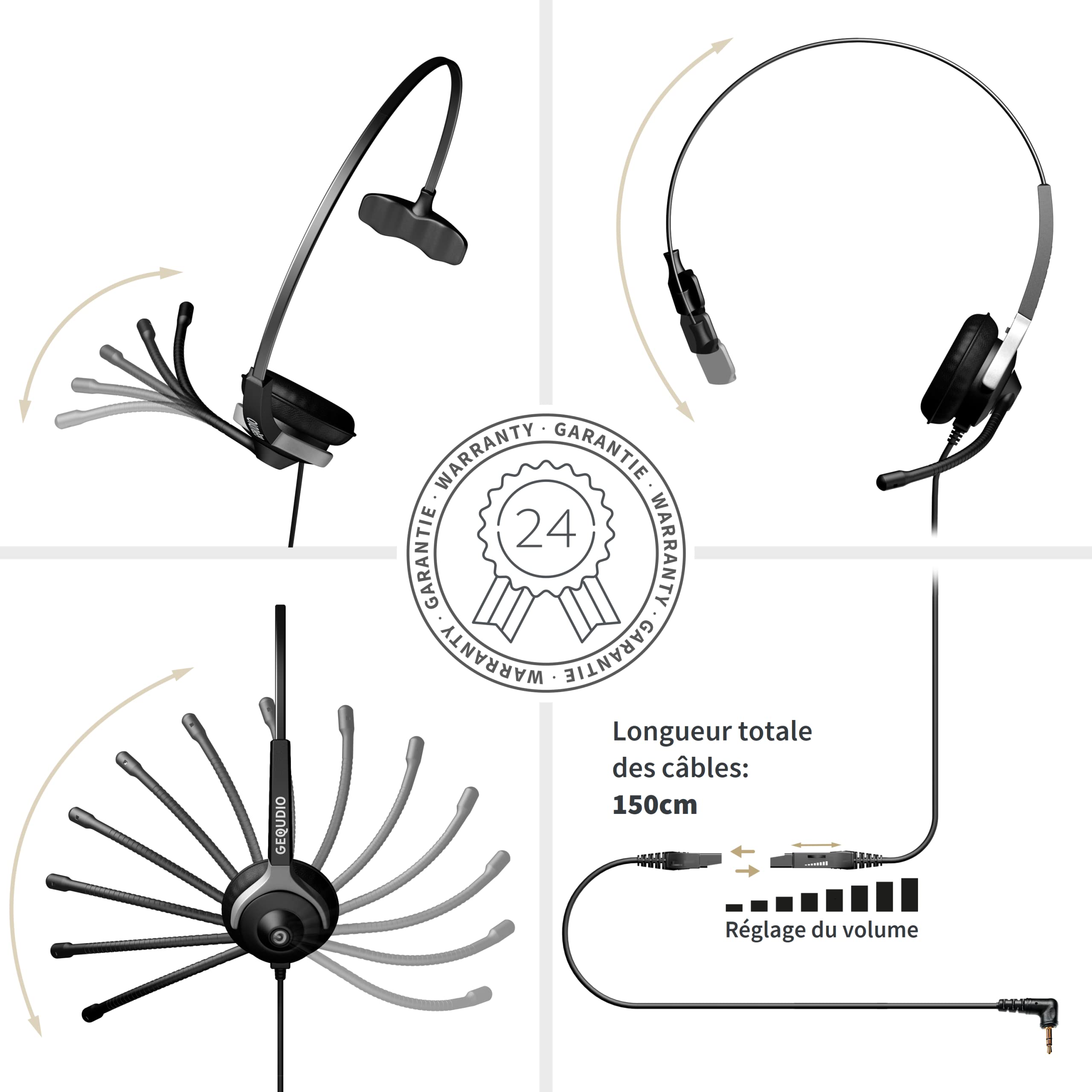 GEQUDIO Casque Filaire avec Embout 2,5mm Jack Compatible avec téléphones Gigaset Cisco Spa Panasonic Grandstream et Polycom - Câble de raccordement Inclus - Très léger: 60g