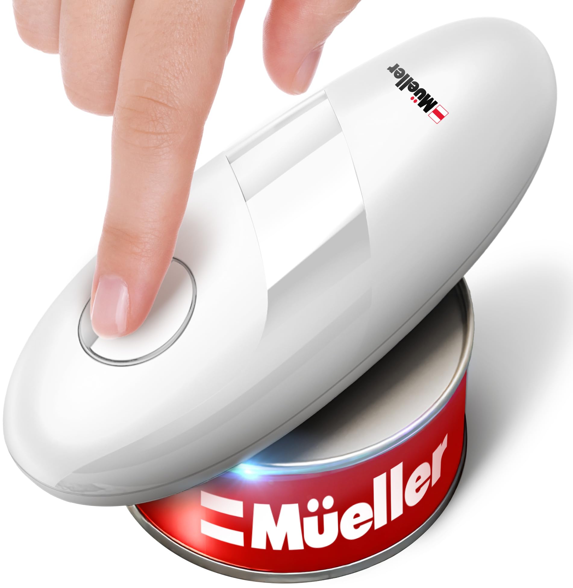 MUELLER HOME SmoothEdge Auto Electric Can Opener â€“ Batteryâ€‘Operated Oneâ€‘Touch w Magnet Lid Lifter, Smoothâ€‘Edge Cut Technology â€“ Portable Handsâ€‘Free Automatic Can Opener for Seniors & Arthritis, White