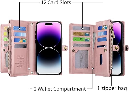 Miniatura 3 de MInCYB Funda tipo cartera para iPhone 13 Pro con tarjetero (12 ranuras para tarjetas), funda de piel sintética para mujeres y hombres, carga