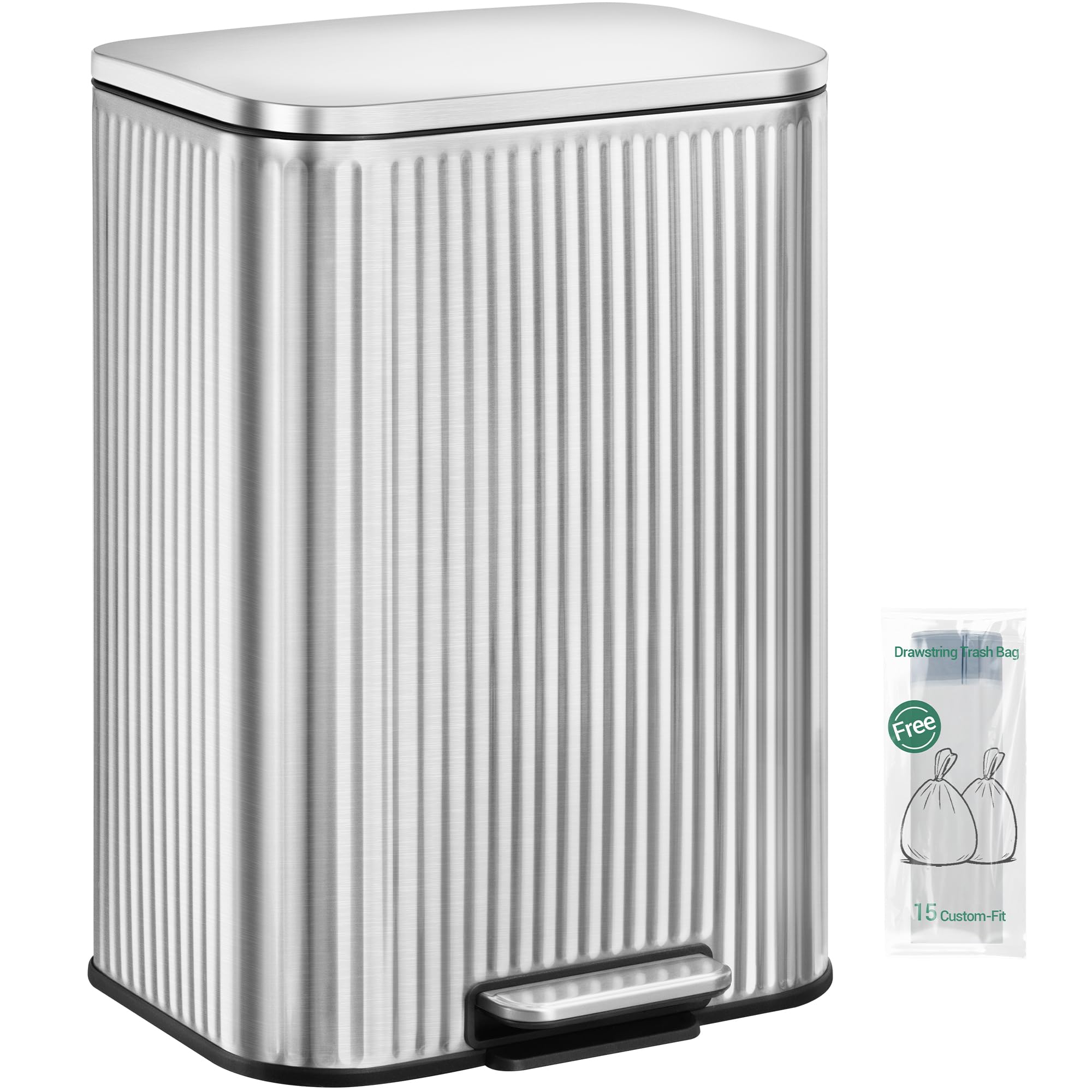 Hzuaneri Kitchen Bin, 50L Rubbish Bins for Kitchen, kitchen Pedal Bin with Soft Close Lid, Removable Inner Bucket, Stainless Steel Trash Bins with Vertical Stripe Design, Silver, SW15199E