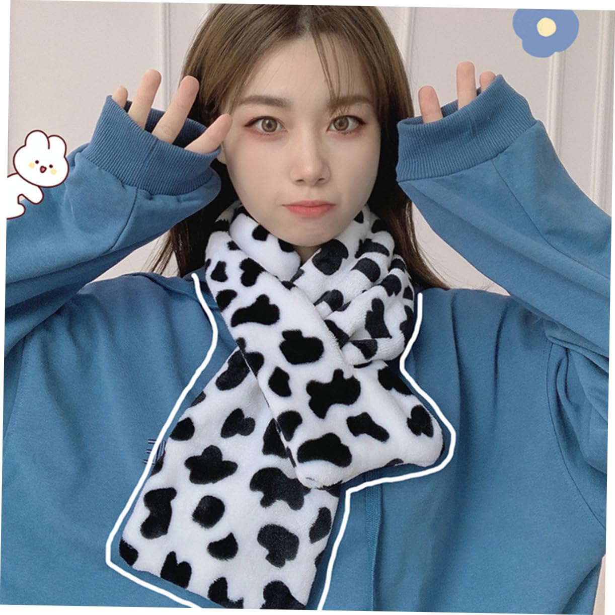 Stylish Cow Spotted Cross Scarf for Girls Warm Neck Warmer Neckerchief Adorable Furry Design for Winter Comfortable and Easy
