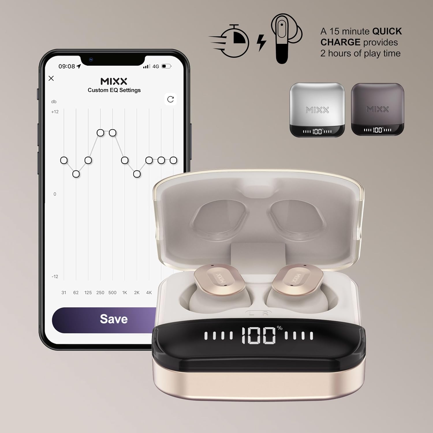MIXX StreamBuds Ultra Mini True Wireless Earbuds, Compact Zinc Alloy Case, Bluetooth in-Ear Headphones, App EQ Control, Digital Battery Display, 24H Playtime, Quick Charge, Touch Controls - Champagne