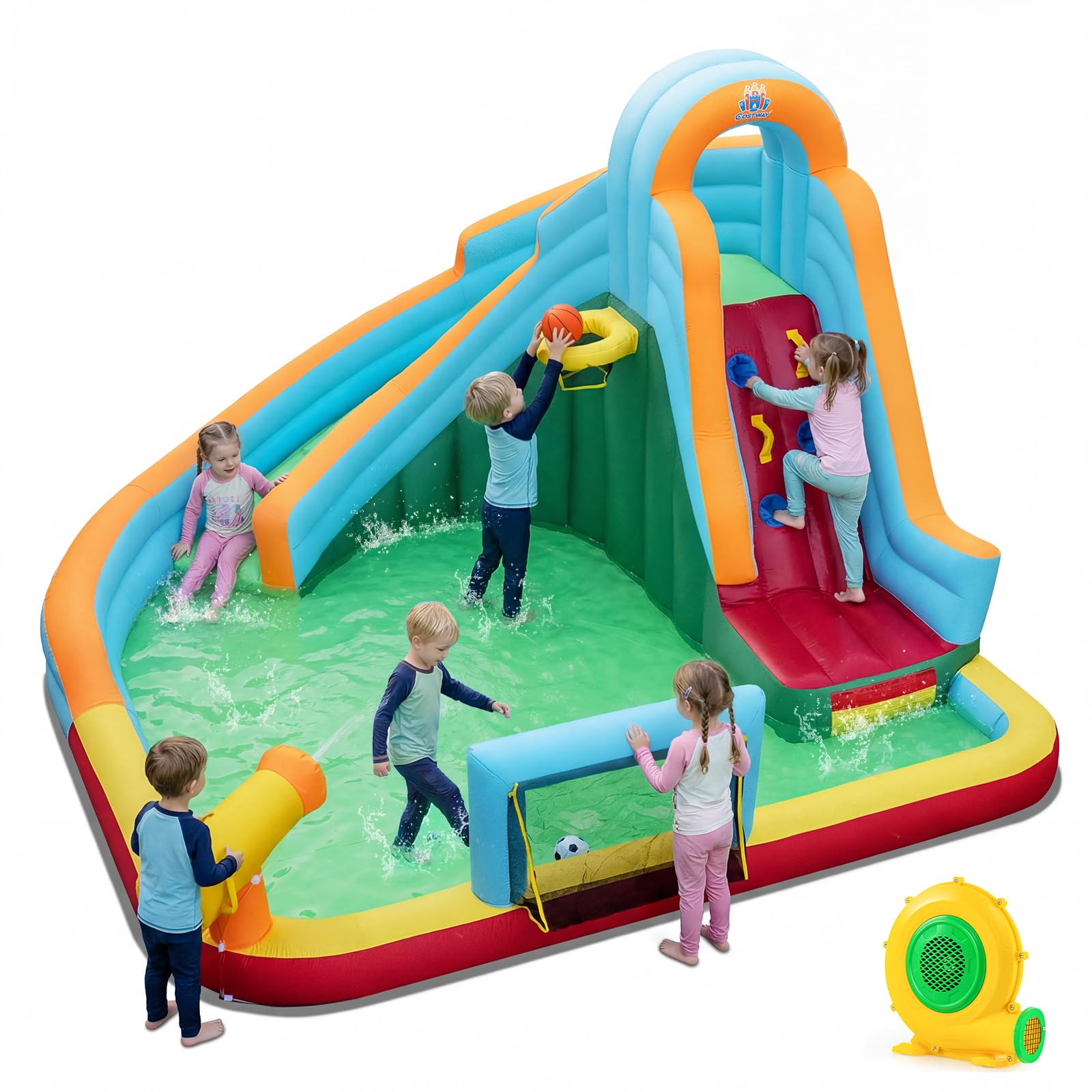 COSTWAY Castillo Hinchable Niños con Tobogán AcuáTico, Parque Infantil Inflable con Bolas Oceánicas, Fútbol, Baloncesto, Muro de Escalada, Aro, Portería y Cañón de Agua para 3 a 12 Años (Con Soplador)