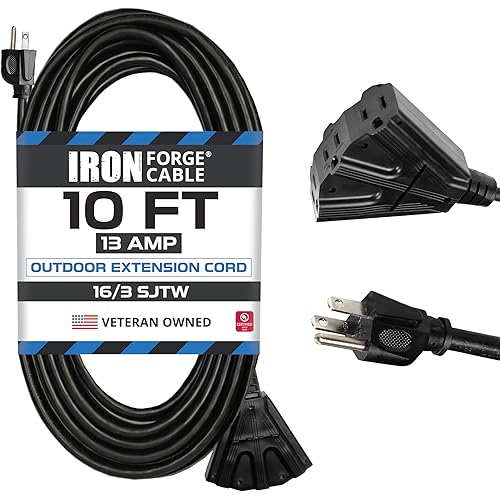 Iron Forge Cable 10 Ft Black Extension Cord with 3 Outlet, 16/3 Weatherproof 10' Outdoor Extension Cord Multiple Outlet, 10 Foot 3 Prong Cable for LAN
