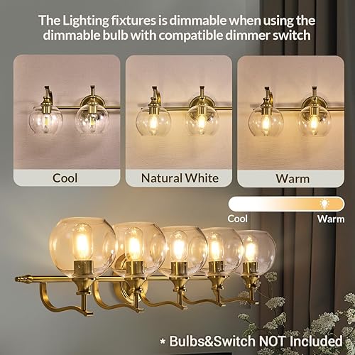 Miniatura 8 de ANDY STAR Lámparas de baño de oro cepillado, 5 luces de tocador para espejo, apliques de pared modernos de 35 pulgadas con globo transparente de