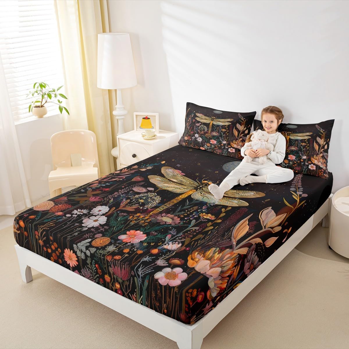 Retro Flowers Garden Rustic Plants Fitted Sheet,Full Size Boho Starry Moon Collections,Wild Dragonfly Bedding Deep Pocket for Children Teens Young with 2 Pillowcases(No Flat Sheet)