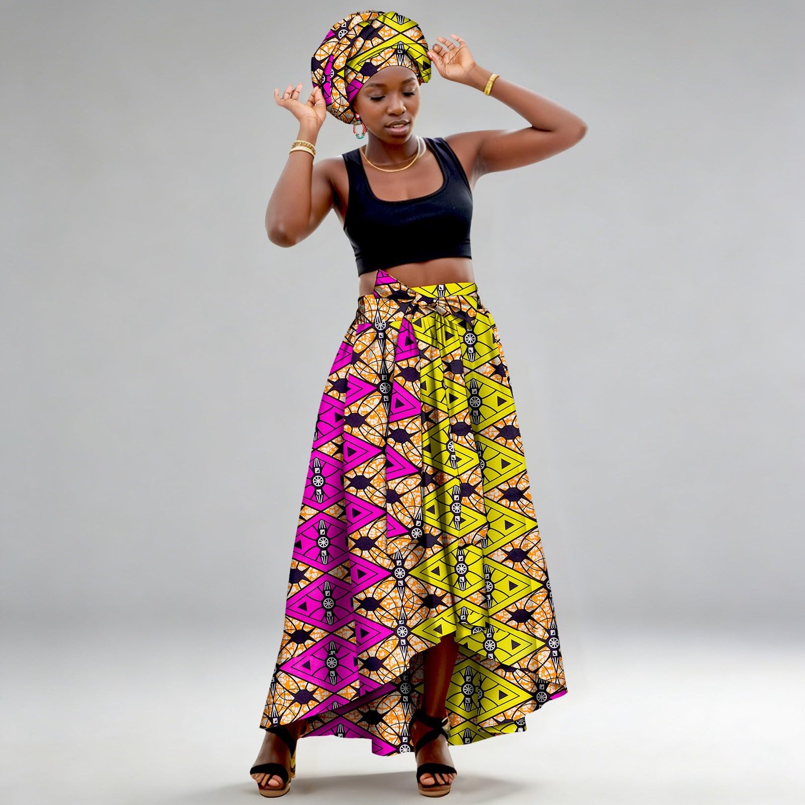 Generisch Maxi gonna africana con stampa, foulard elasticizzato casual