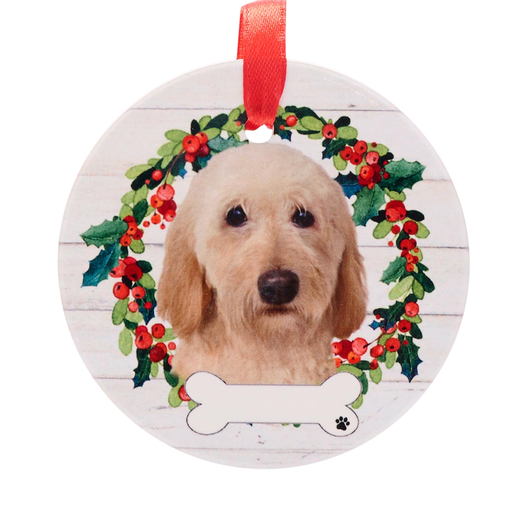 Ceramic Dog & Cat Breed hanging Christmas tree decoration or memorial, cute animal image with space to write own name (supplied blank), ribbon hanger, 9cm diameter (Labradoodle)