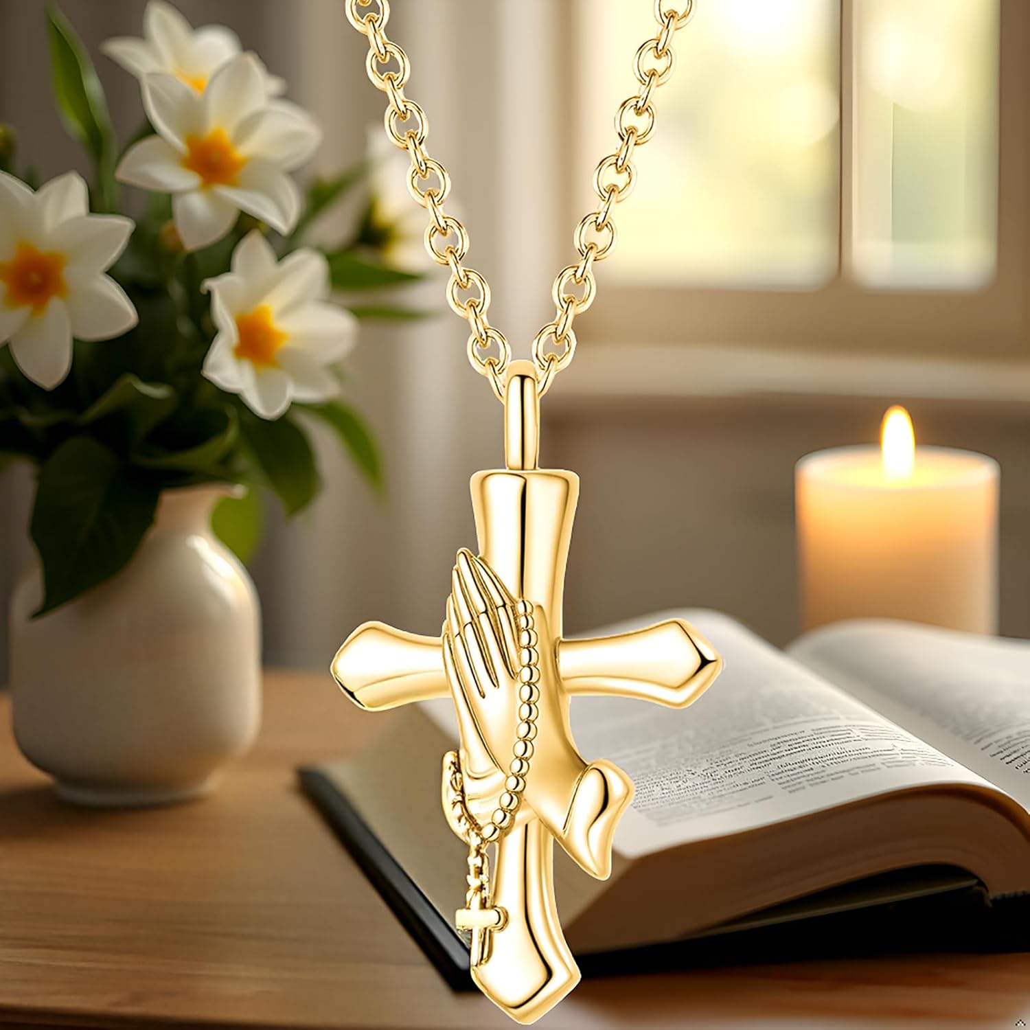 Praying Hands Cremation Jewelry Cross Urn Necklaces for Ashes Memorial Keepsake Women Men - Image 3