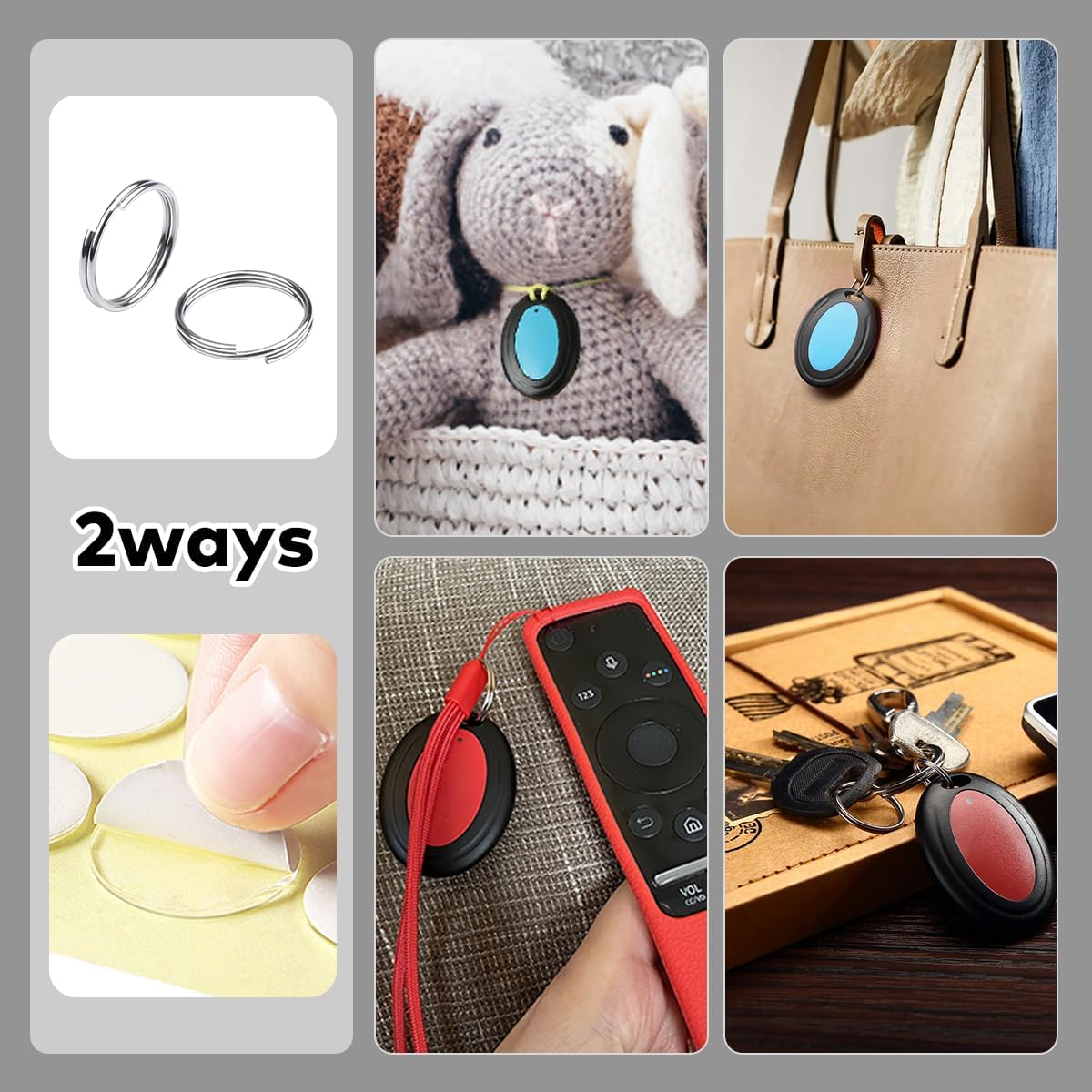 Collage of VODESON Key Finder usage scenarios: keyrings, receiver attached to a plush toy, receiver attached to a handbag, receiver attached to a TV remote, and receivers with keys.