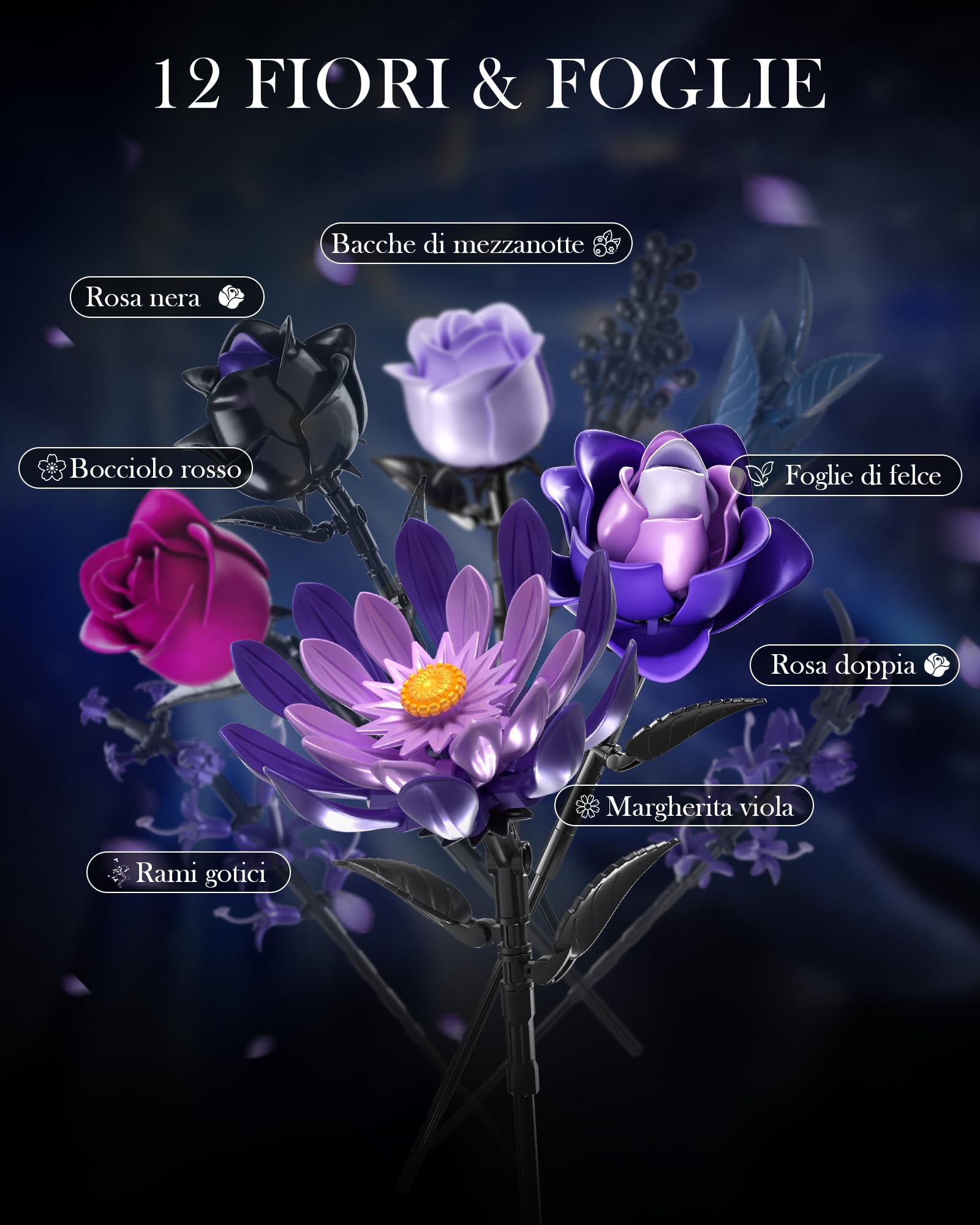 Mavo brix Kit di costruzione di un bouquet di rose nere con 12 fiori per adulti, collezione botanica per donne e ragazze dai 14 anni in su, compatibile con Lego