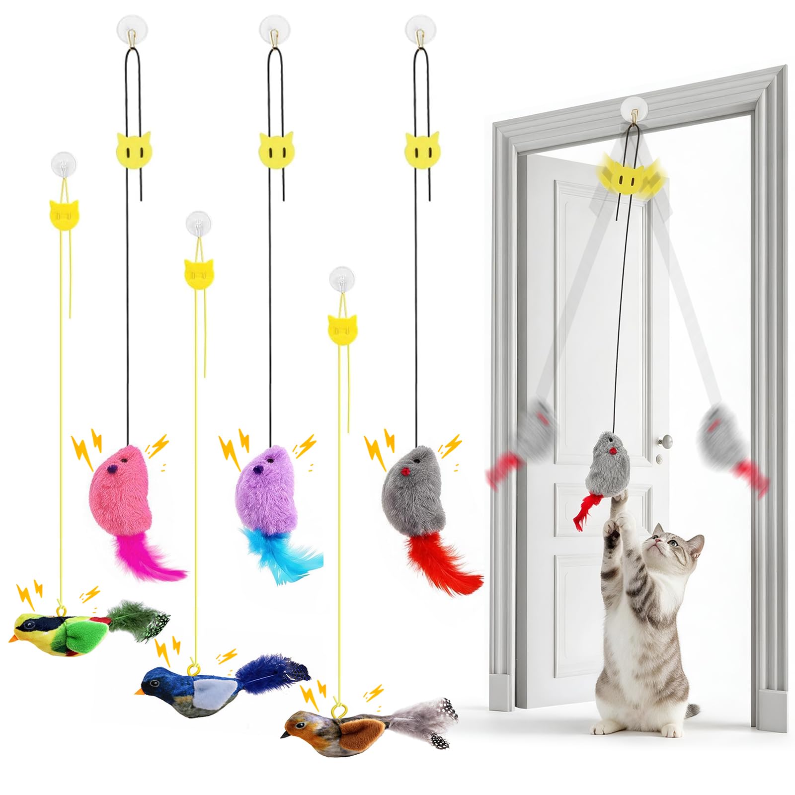 LongForU 6 Pcs Hanging Cat Toys, Plush Mice & Catnip Birds with Feather Tail, Interactive Cat Toy with Squeaky Sound, Self-Play Wall & Ceiling Mounted Kitten Playing Toys for Indoor Cats