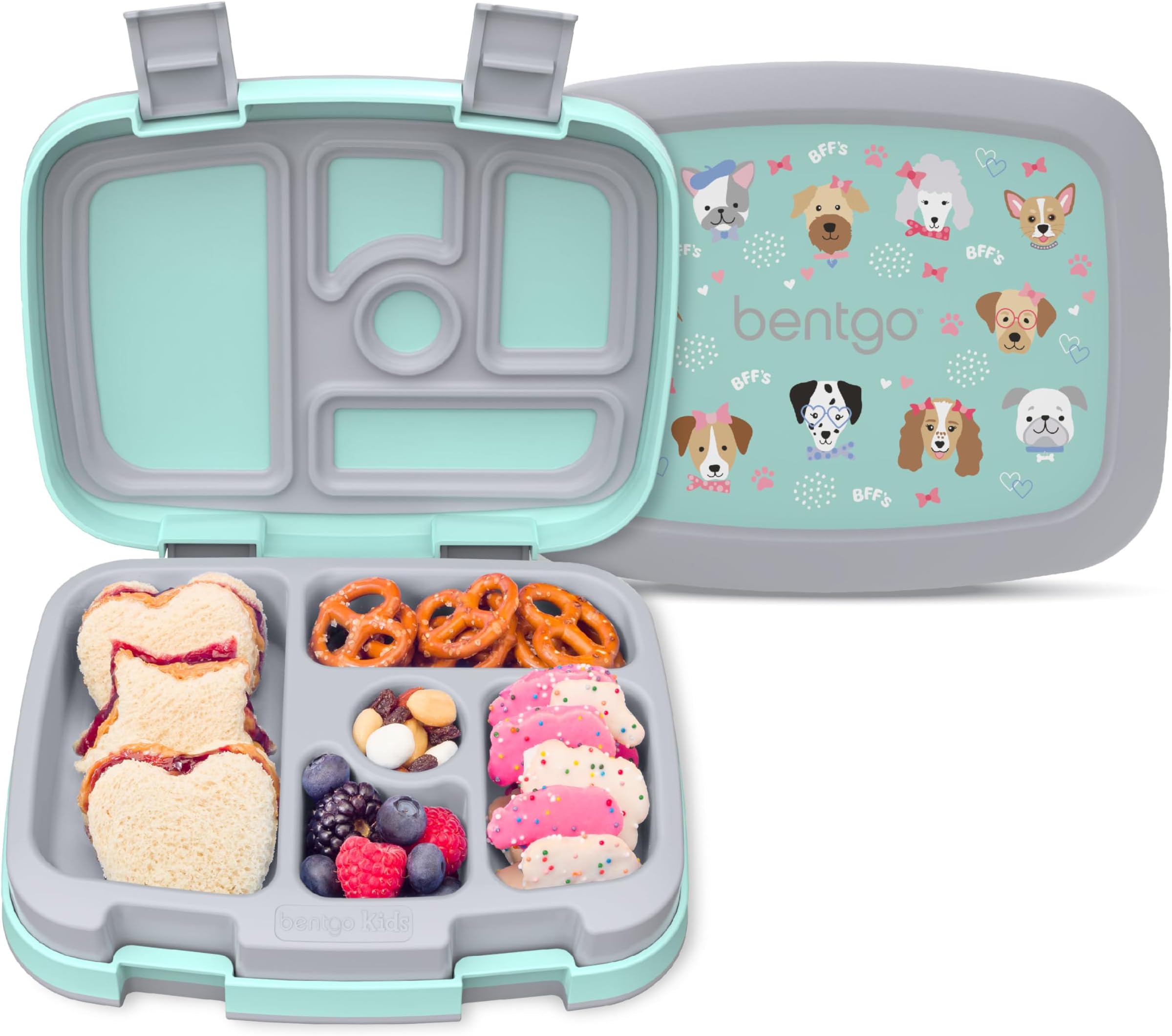 Kids Prints Leak-Proof, 5-Compartment Bento-Style Kids Lunch Box - Ideal Portion Sizes for Ages 3-7, Durable, Drop-Proof, Dishwasher Safe, & PFAS & BPA-Free Materials (Puppy Love)