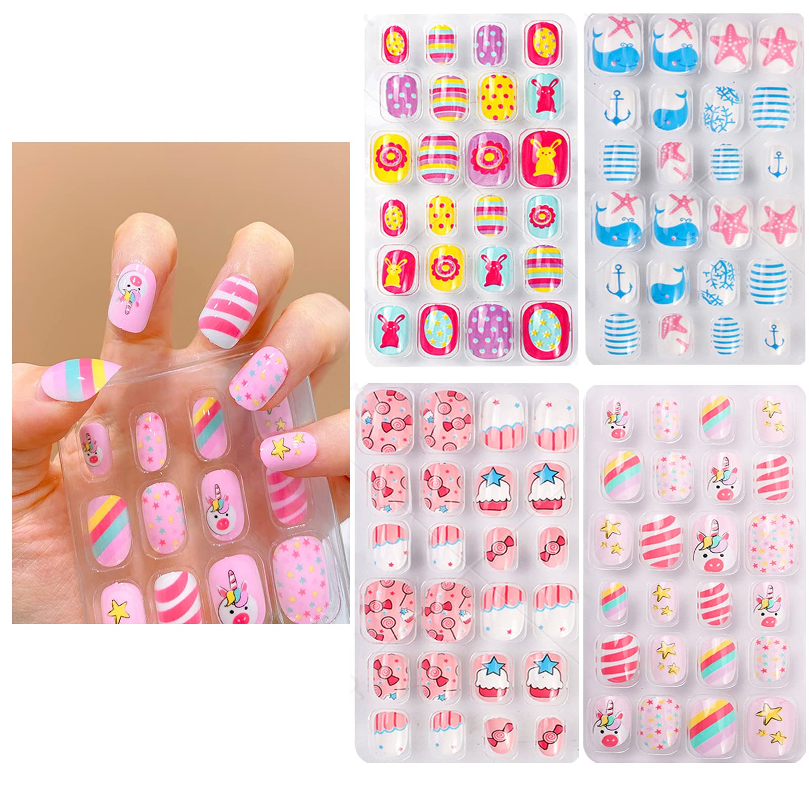 96 Pieces Kids Stick on Fake Nails for Girls, Artificial Kids Press on Nails Full Cover Short False Nails Children Nails Lovely Gift for Children Nail Decoration