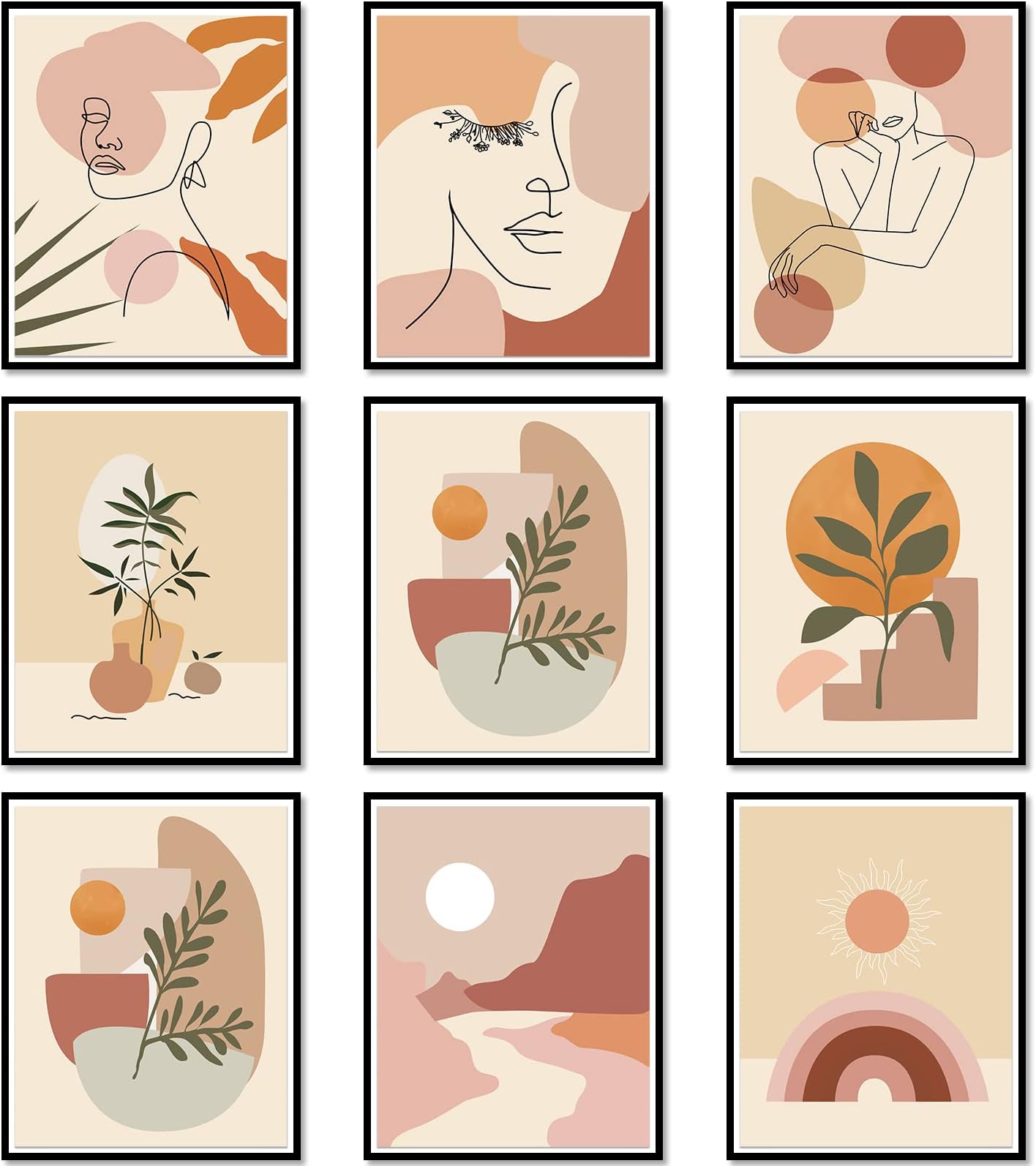 Outus 9 Pieces Abstract Wall Art Prints Minimalist Boho Line Art Woman Wall Decor Abstract Botanical Plant Painting, Frameless