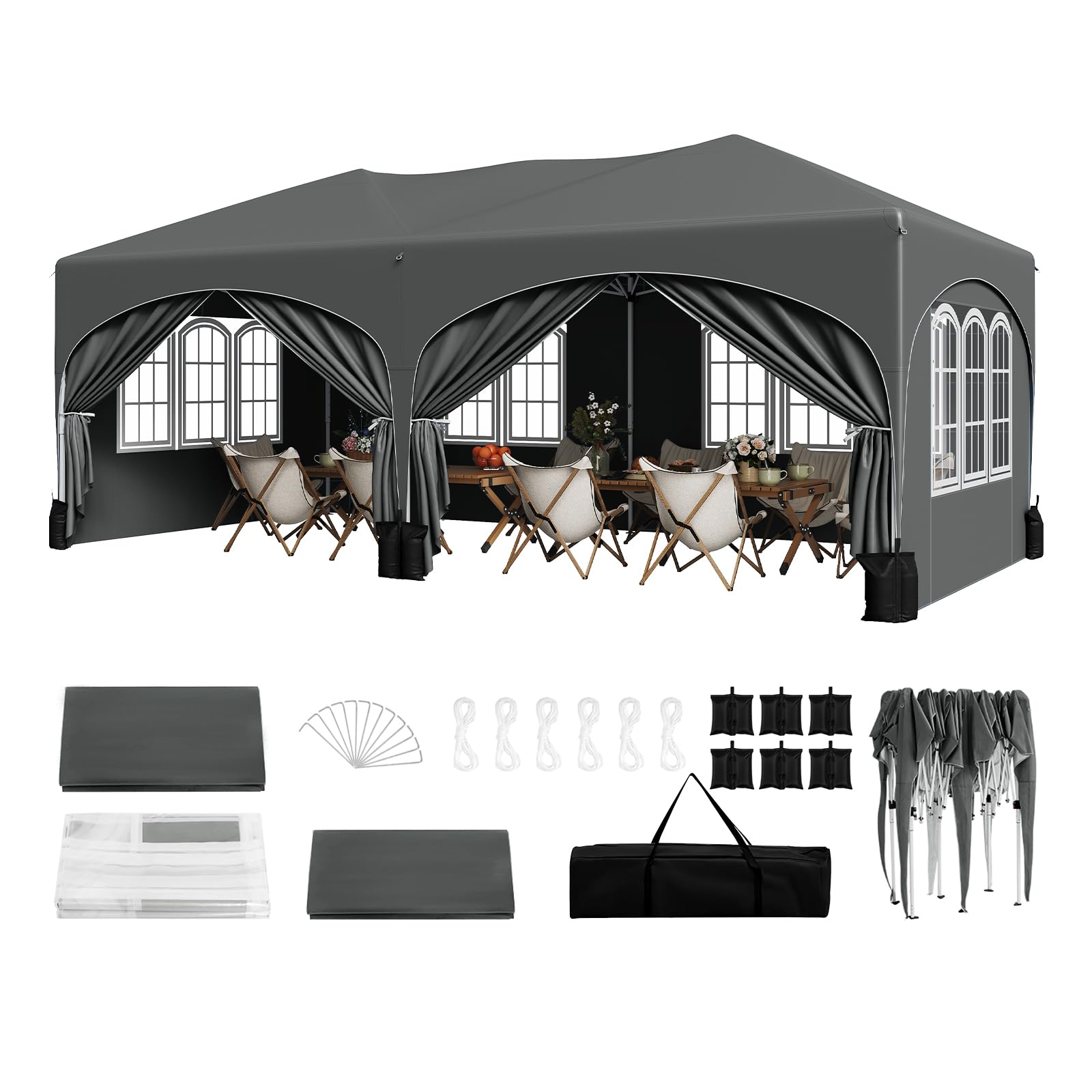 WOLTU Pavillon mit 6 Seitenteilen 4 Sandsäcke, Faltpavillon 3x6m mit Halbmonddach Tragetasche, Gartenpavillon wasserfest stabil UV-Schutz, Partyzelt Outdoor höhenverstellbar, Grau