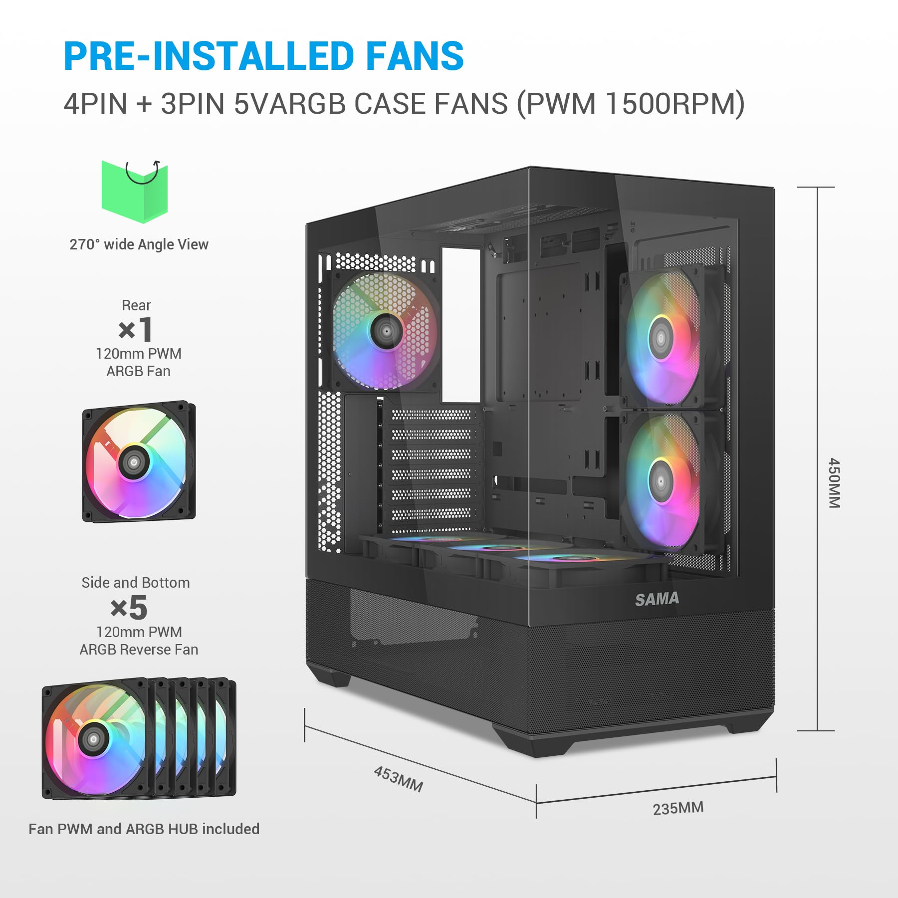 SAMA V40 Torre Media ATX – 6 Ventiladores ARGB PWM de 120mm Preinstalados, Paneles Dobles de Vidrio Templado,Diseño de Doble Cámara, USB 3.1 Tipo-C, 7 Ranuras, Compatible con GPUs ATX/MATX/ITX, Negro
