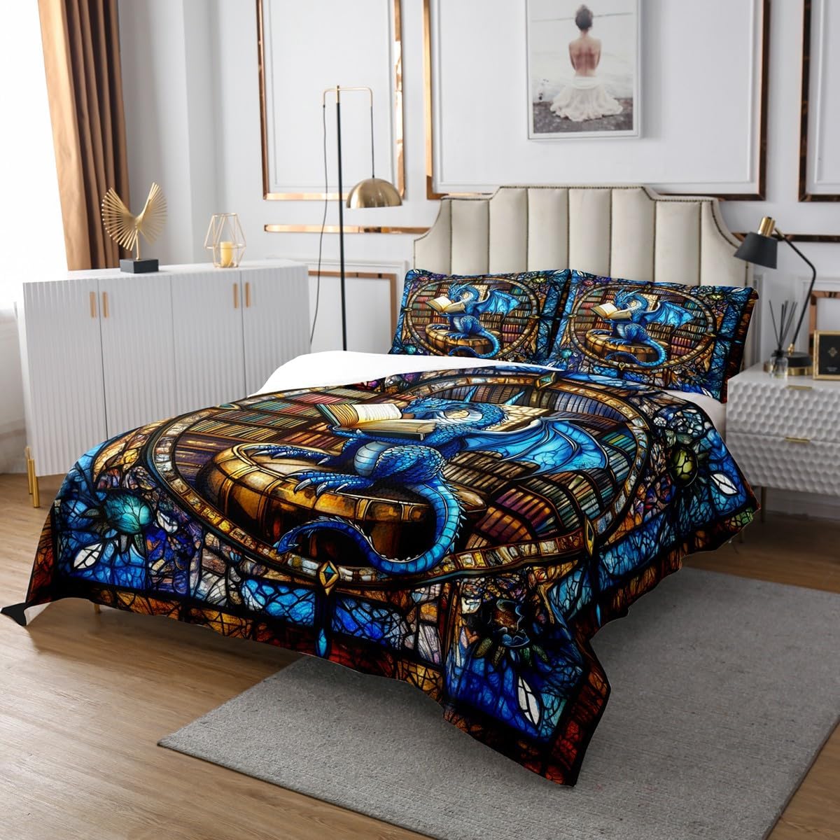 Western Dragon Kids Bedspread Queen Size,Blue Dragon Reading Book Bookshelf Coverlet Set,Boys Girls Room Decor,Geometric Patchwork Abstract Quilted Coverlet,Trippy Chic Bedding Quilt,2 Pillowcases