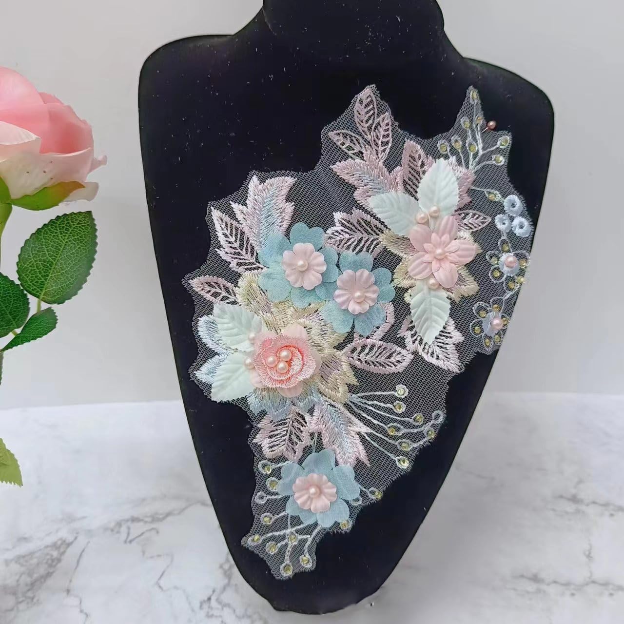 S.A.V.I 3D Floral Applique Patch for Sewing | Pastel Embroidered Mesh Lace Fabric | DIY Dresses, Bridal Wear, Lehenga, Saree, Blouse, Gown & Craft | Handmade Lace Patch (10.2x6.5 in) Elegant Design-image-46