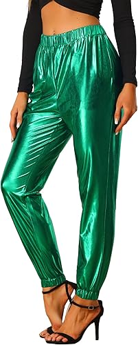 Allegra K Pantalones metálicos para mujer, pantalones holográficos con cintura elástica brillante
