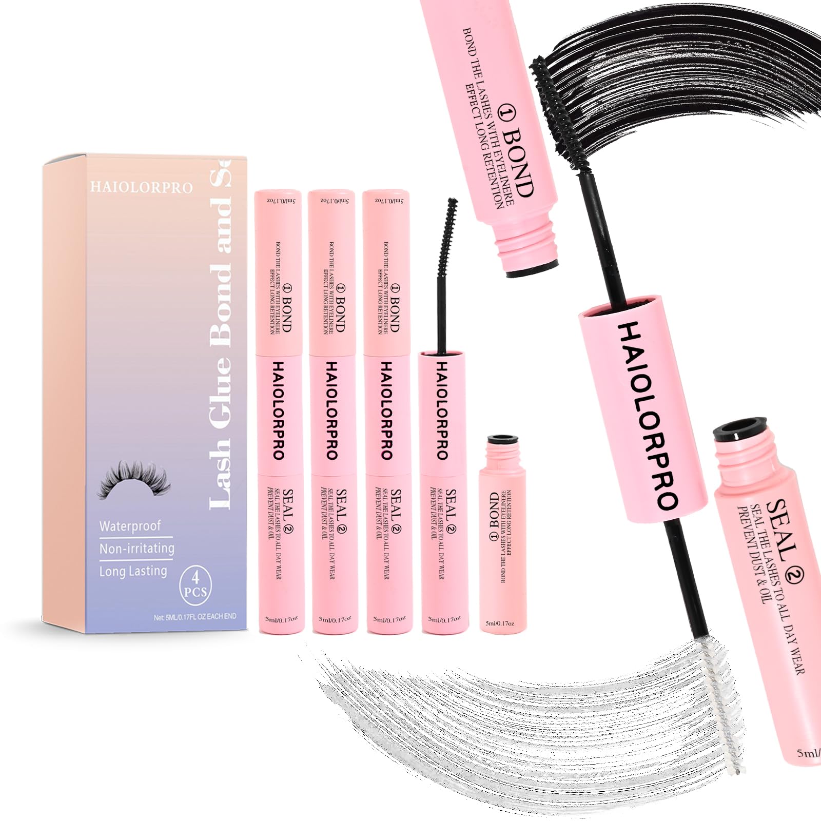 HAIOLORPRO 4 Stücks Wimpernkleber Bond and Seal Lash Glue, Wimpern Kleber Bond und Seal für Einzelne Cluster Extensions, Langanhaltender Wasserfester, Starker Halt, (5ml+5ml)/Stück