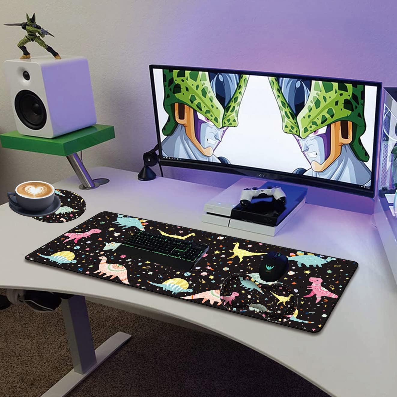 Extended Gaming Mouse Pad with Seam, Long XL Desktop Keyboard Pad, Suitable for Work/Game/Office/Home, Butterfly Wrist Rest Pad and Coaster, Color Cute Little Dinosaur