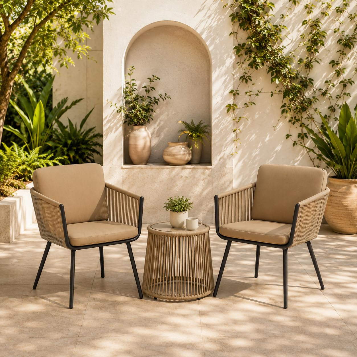 STRINGKNOT Viraj Luxe Outdoor Patio Furniture Set with 2 Handwoven Braid Rope Chairs (Beige), Cushions (Beige) & Glass Top Table, Coffee Set for Balcony, Garden or Terrace-image-25