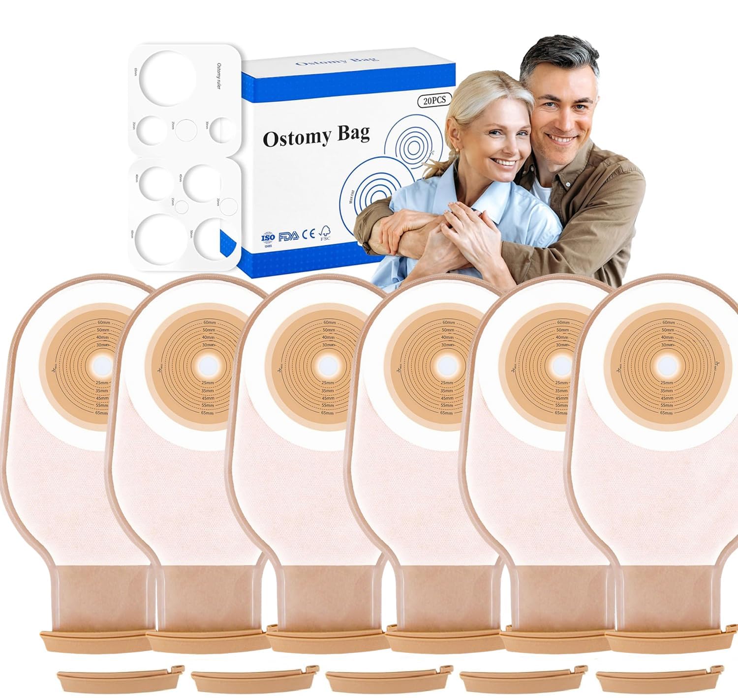 20PCS Colostomy Bags, 15mm-65mm Ostomy Supplies, One-Piece Ostomy Bags Drainable Pouches with Closure for Lleostomy Stoma Care, Cut-to-Fit