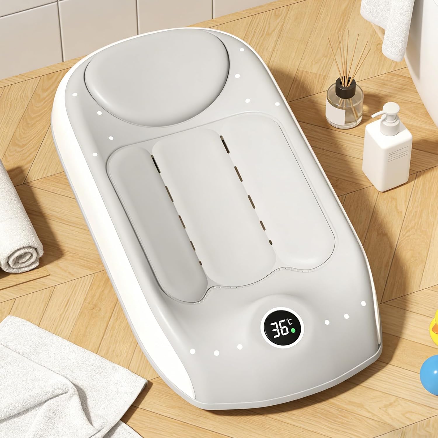 Kids Bath Support - Bathing Seat with Temperature Sensing, Three Level Height Adjustment Bathtub Kit | for Child Home Traveling Hotel Beach Shower Reliable Assistance Comfort Safety Technology