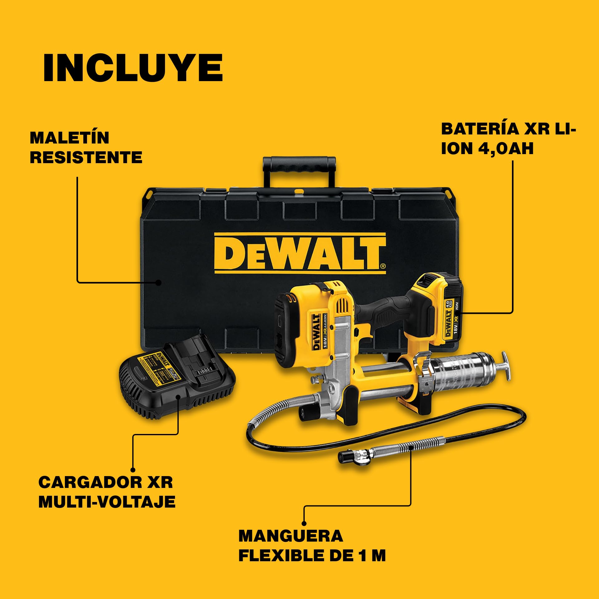 DEWALT DCGG571M1-QW - Pistola Engrasadora a Batería XR 18V 4Ah Li-Ion, Inalámbrica, Batería Incluida, Cargador Multivoltaje, Correa para el Hombro y Maletín TSTAK