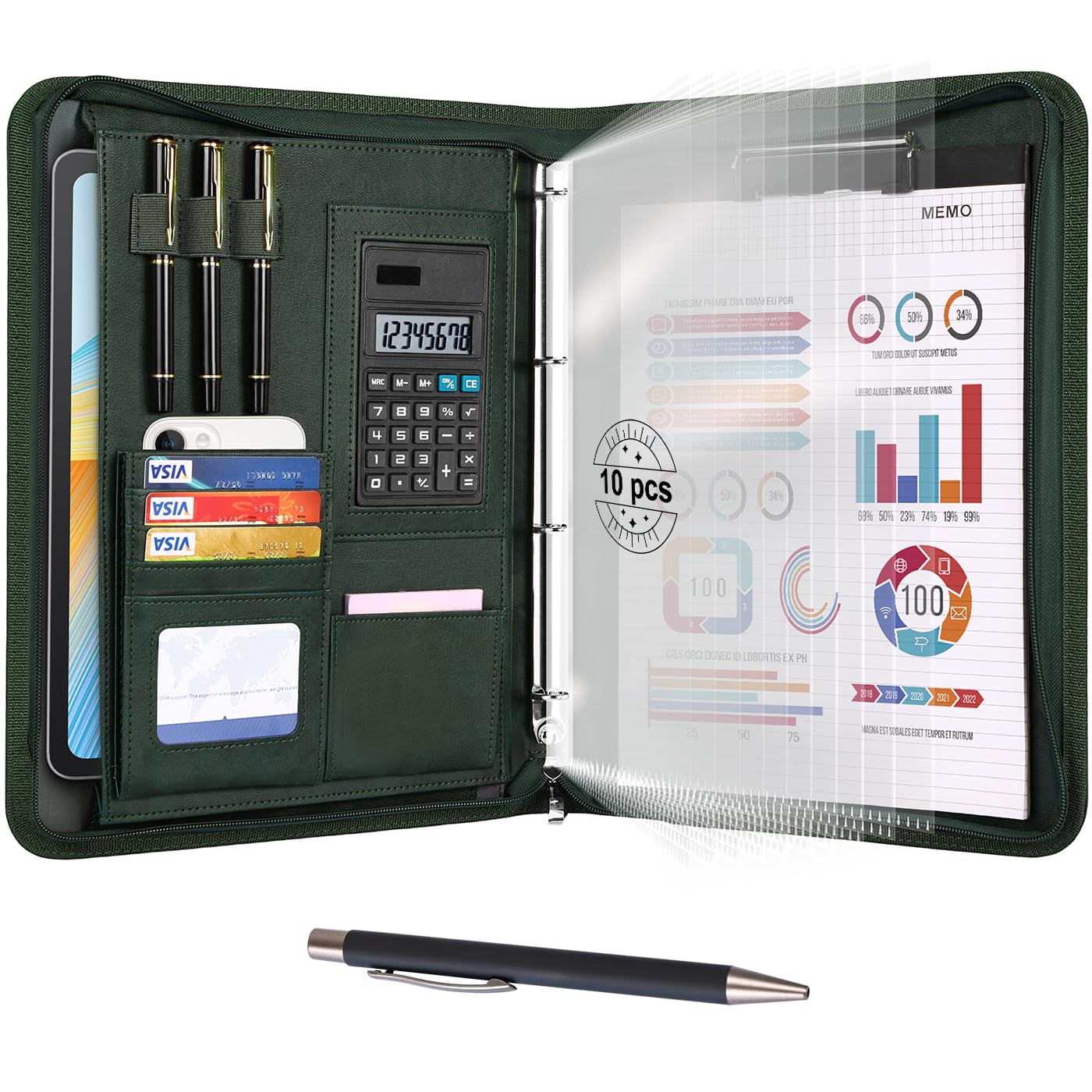Cottoncode Portfolio Folder A4 Leather PU with Multi-Pockets 4-Ring Binder