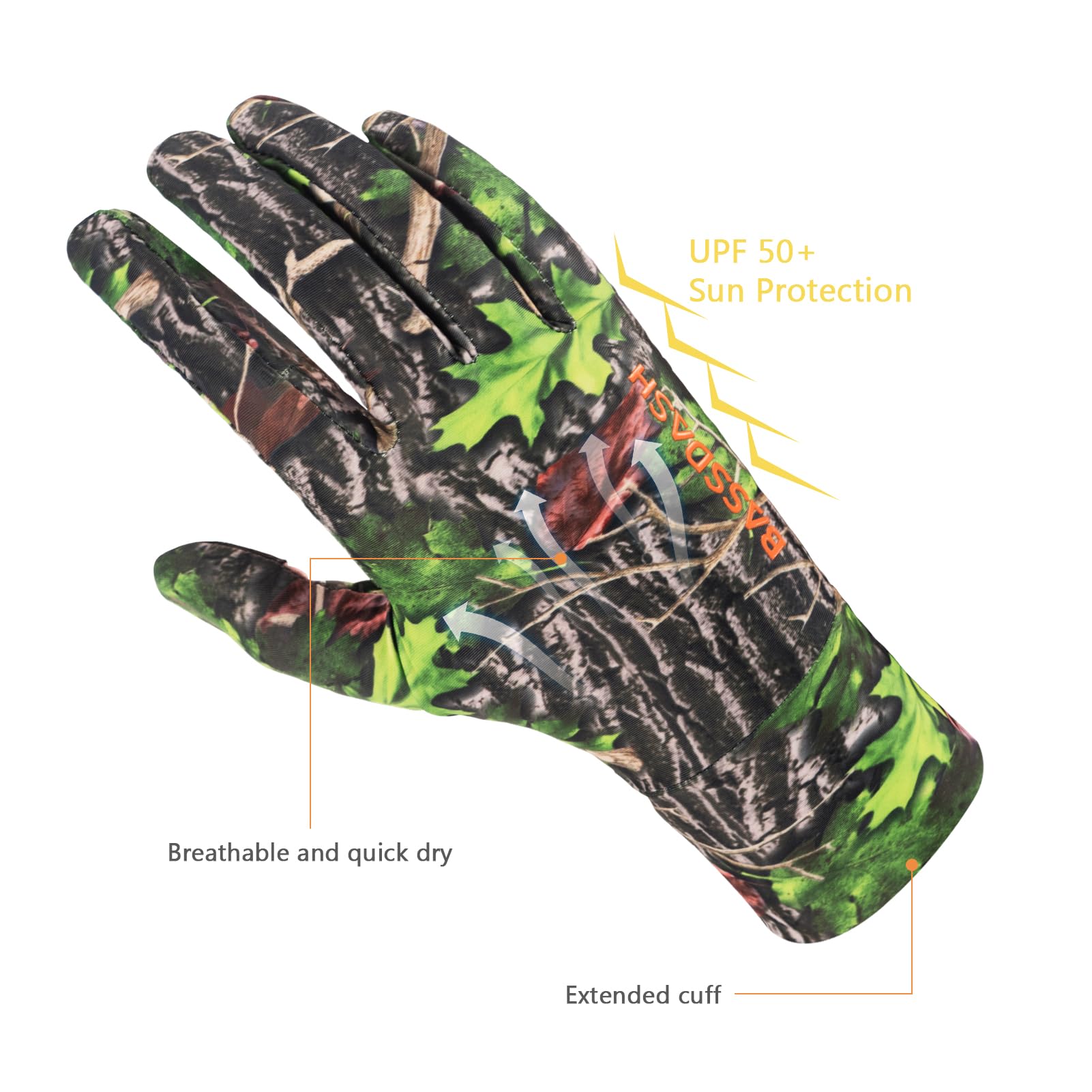BASSDASH Guantes de caza de camuflaje para hombre, UPF 50+, ligeros, para pantalla táctil, para clima cálido, pesca, senderismo, actividades al aire libre