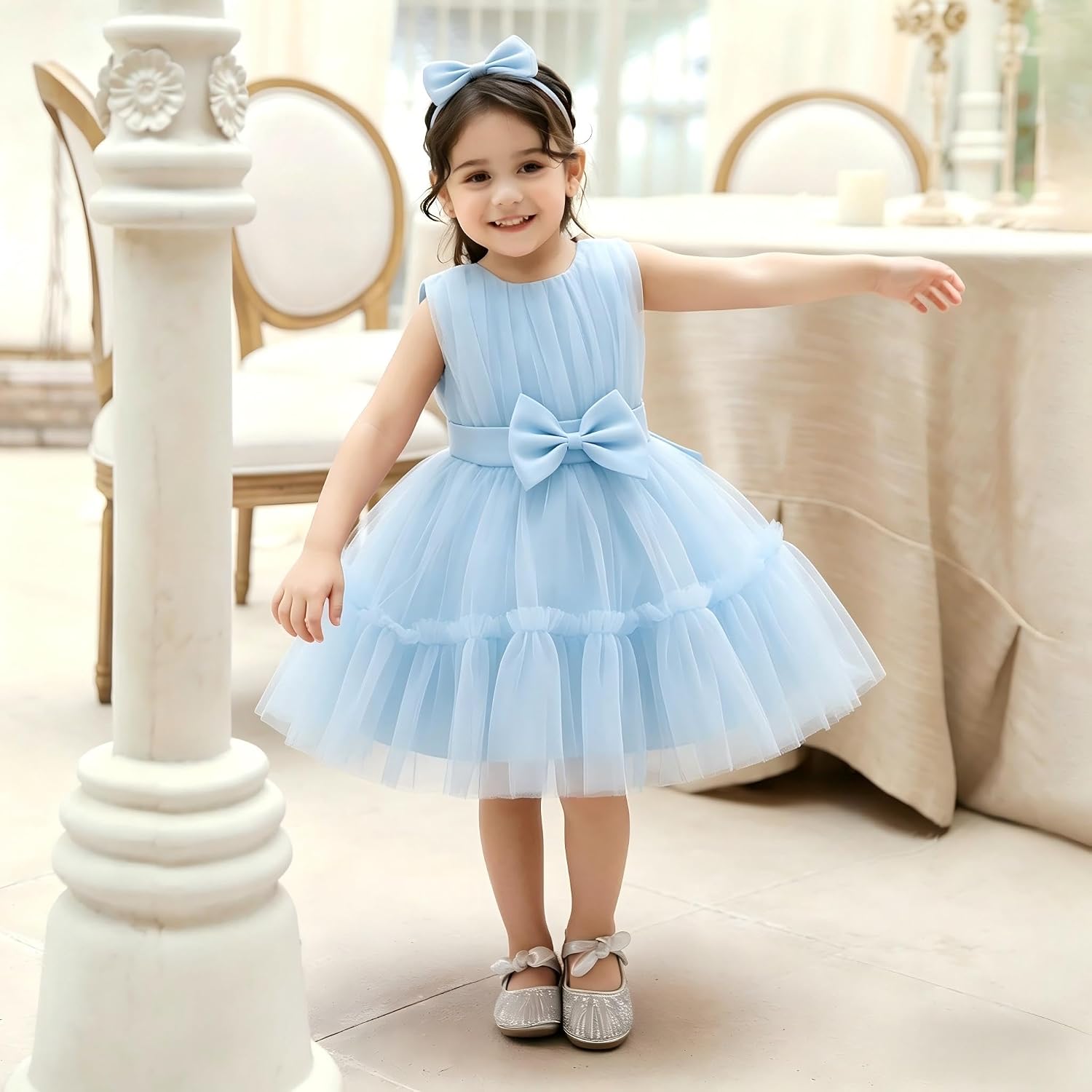 ODASDO Baby Girls Ruffle Layered Tulle Tutu Dress, Bowknot V Back Birthday Party Pageant Formal Infant Gown with Headband