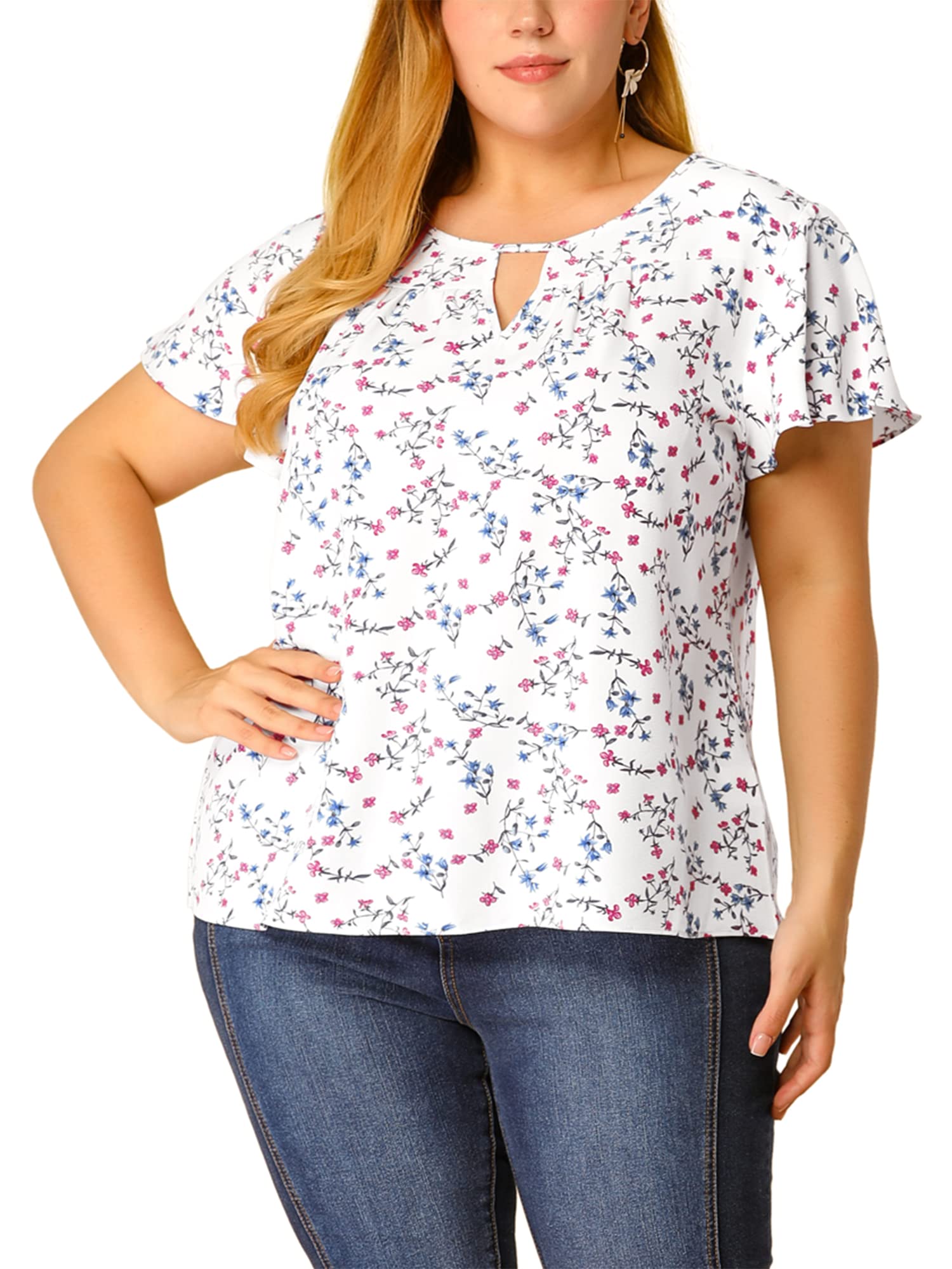 Agnes Orinda Women's Plus Size Blouses Summer Ruffle Short Sleeve Shirts Keyhole Chiffon Tops