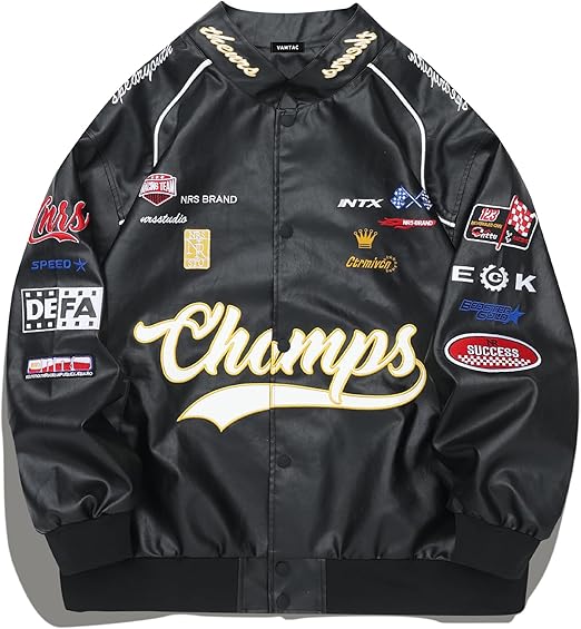 Vamtac Faux Leather Motocross Jackets Oversized Vintage Racing Varsity Bomber Coat Unisex Trendy Streetwear