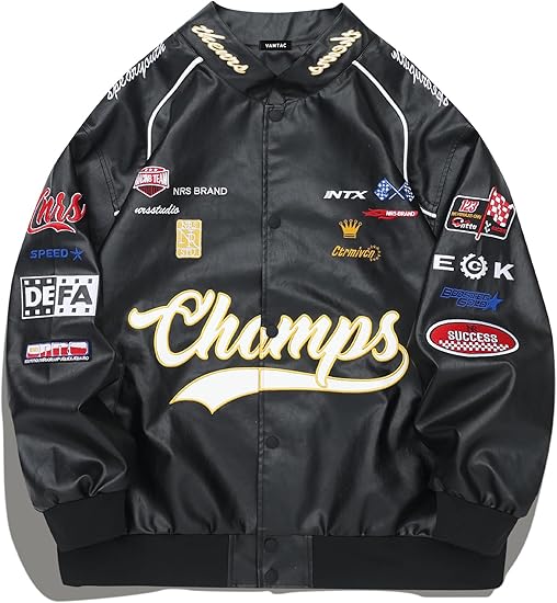Vamtac Faux Leather Motocross Jackets Oversized Vintage Racing Varsity Bomber Coat Unisex Trendy Streetwear