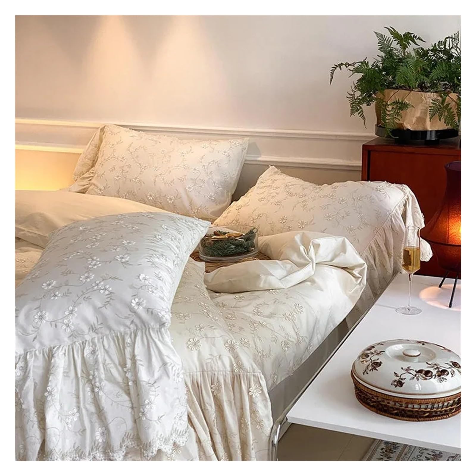Housse de couette broderie florale parure de lit drap plat coton Queen violet
