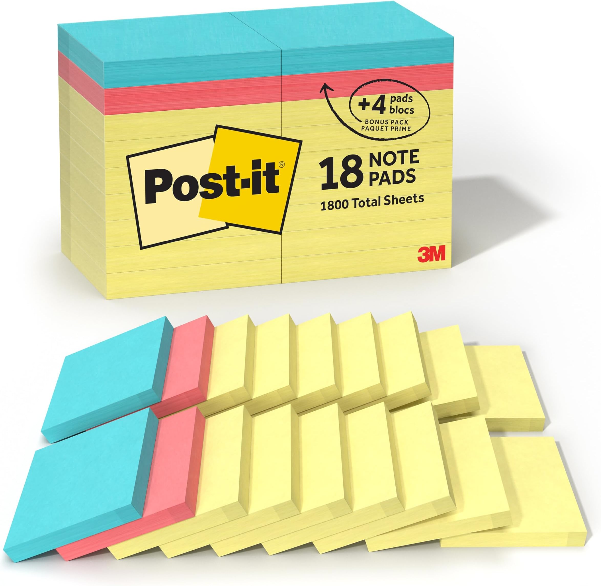 Notes, 3 in x 3 in, 14 Canary Yellow Pads with 4 Free Pads in Poptimistic Collection, 100 Sheets per Pad, The Original Post-it Note, New Year Organization or Second Semester School Supplies