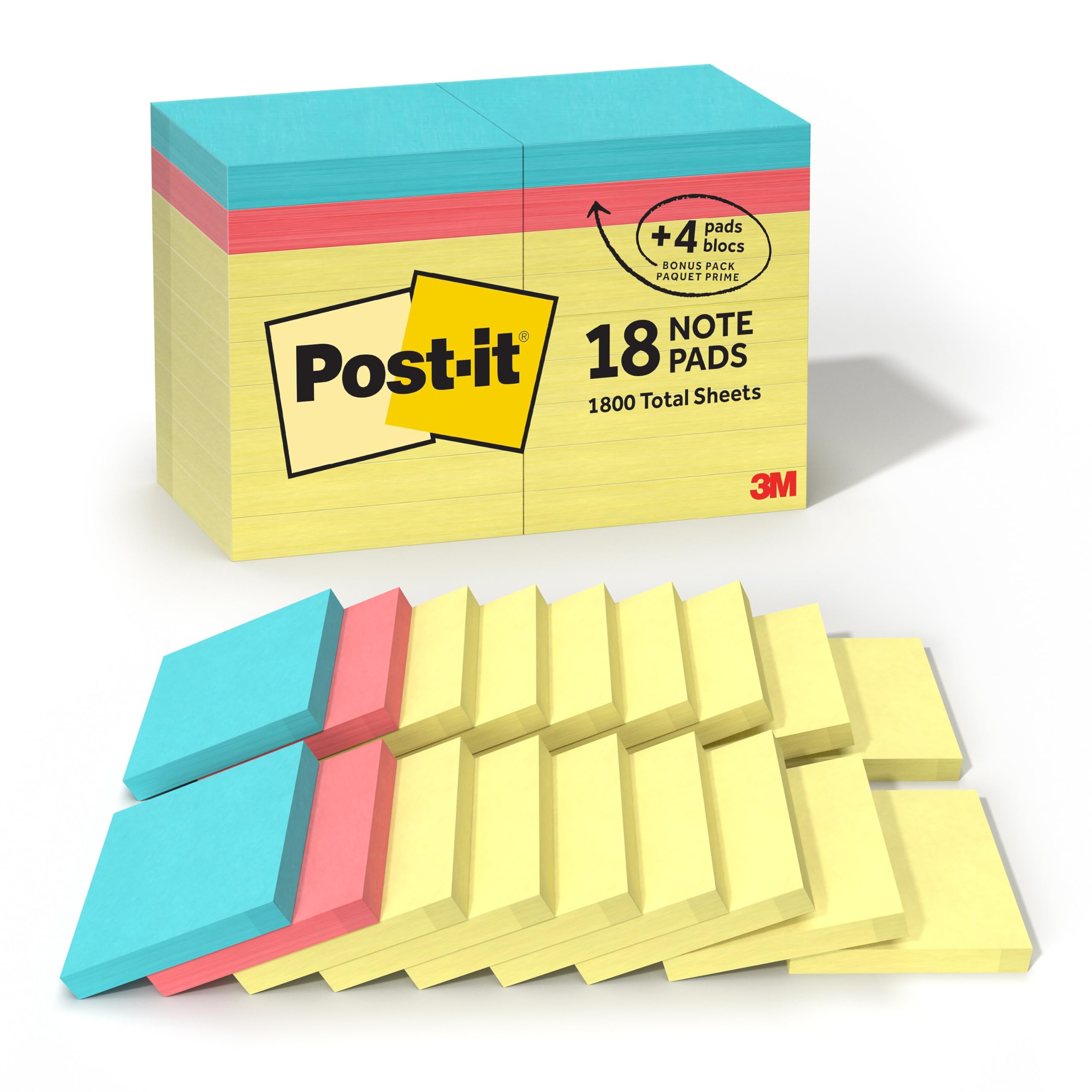 Post-it Notlar, 3x3 inç, 18 Ped, Amerika'nın 1 Numaralı Favori Yapışkan Notları, Kanarya Sarısı, Geri Dönüştürülebilir (654-14-4B)