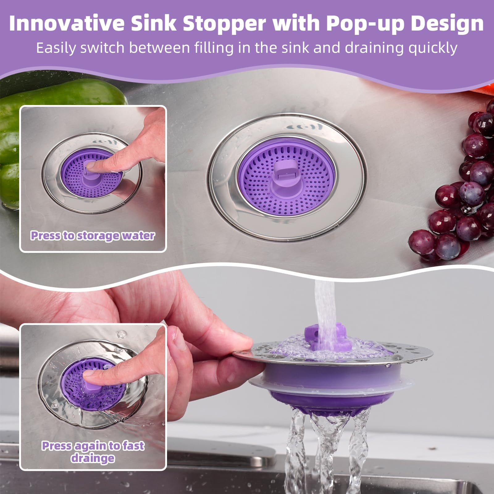 Hibbent Universal-Abflusssieb Für Küchenspüle – 3-in-1 Mit Stöpsel, Edelstahlschale, Für 8,9 Cm Abfluss, Lila (2 Stück)