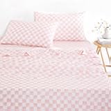Wake In Cloud - Gingham Sheet Set, 4-Piece Sheet Set, Checkered Grid Plaid Checkerboard Geometric Preppy Hand Drawn Pattern Printed Bedding, Deep Pocket, Pink White, Queen Size
