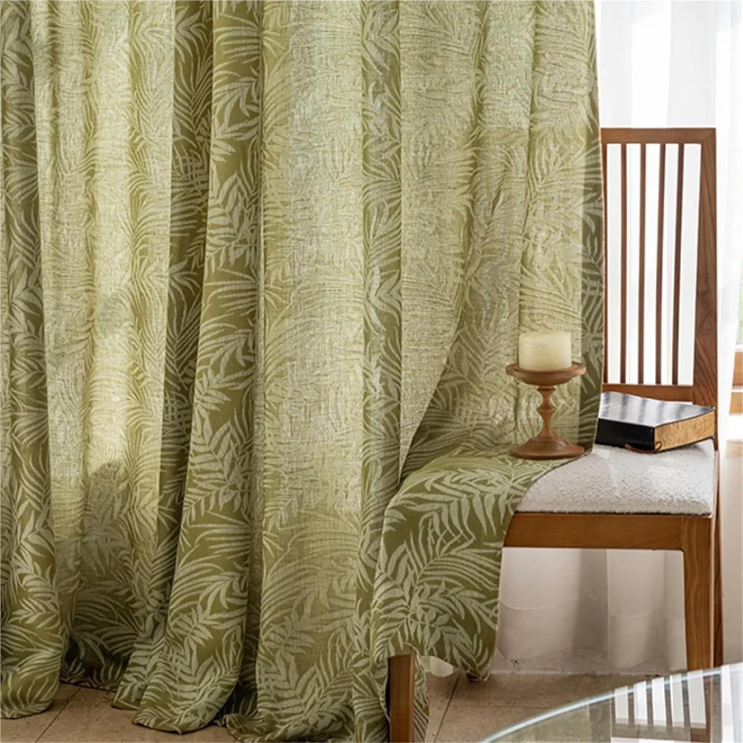 Solid Blackout Curtains for Bedroom 2 Pieces of Curtains Leaf Print Sheer for Living Room, Minimalist Style Drapes(W132xH183cm)