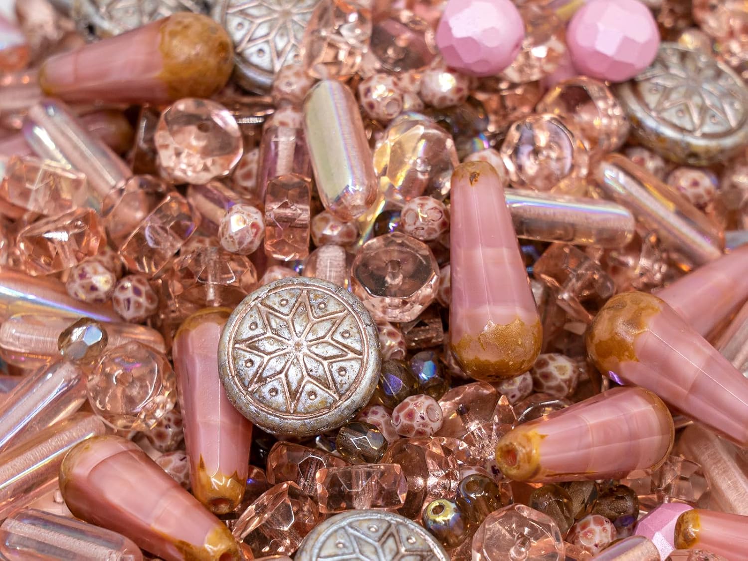 2.1oz (60 g) Mix of Unique Czech Bohemia Glass Pressed Beads, Dirty Pink Antique, Table Cut, Matte and Glossy, Faceted Fire Polish, Hand Made Set Kit BCV - Image 2