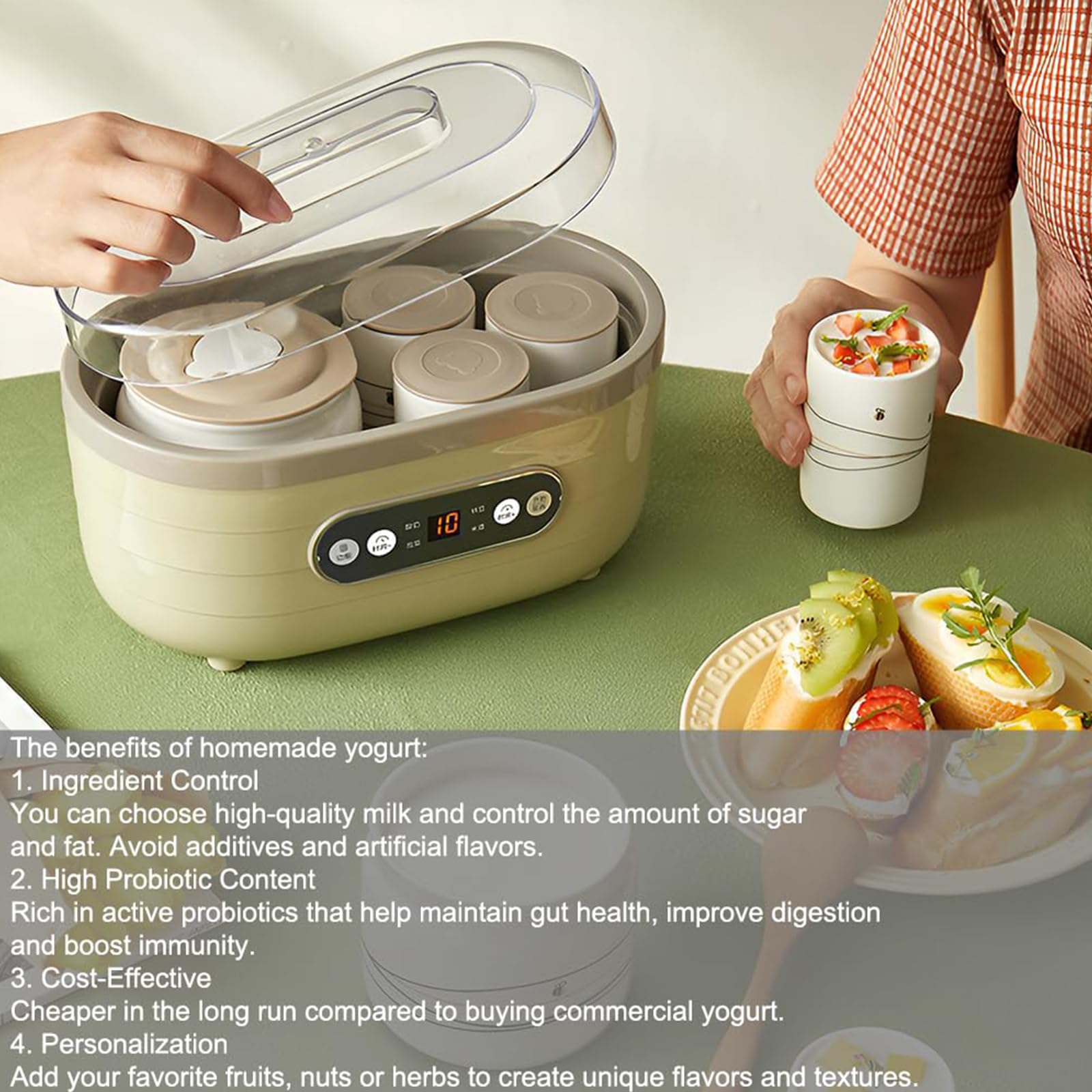Automatic Yogurt Maker, 1.75L Mini Wielofunkcyjny Fermentator z Ekranem Dotykowym LCD & Timerem, 2 × 500ml & 6 × 125ml Kubki, Regulowany Czas & Temperatura do Jogurtu & Wina Ryżowego