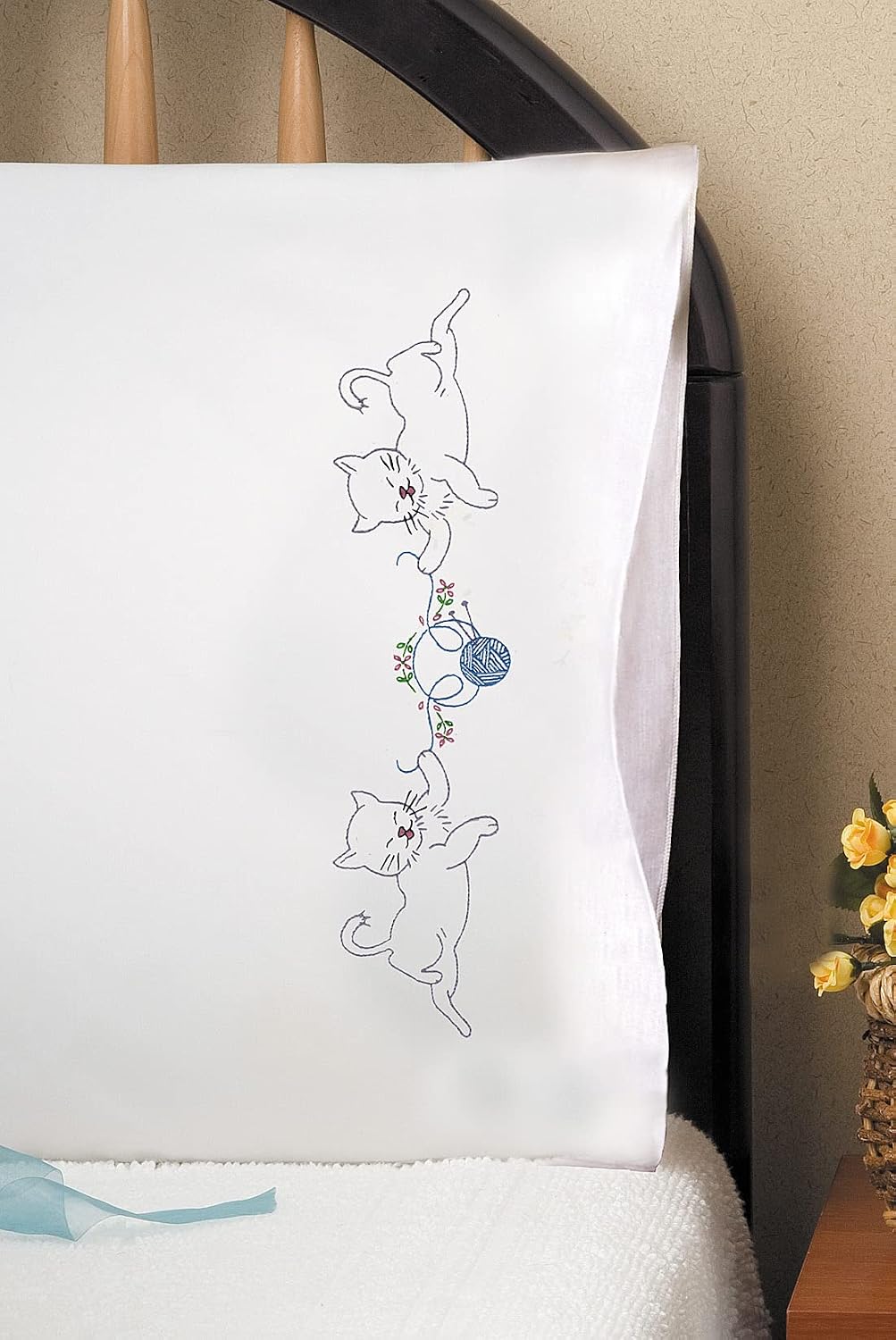 Cats with Yarn Stamped for Embroidery Pillowcases - Set of 2
