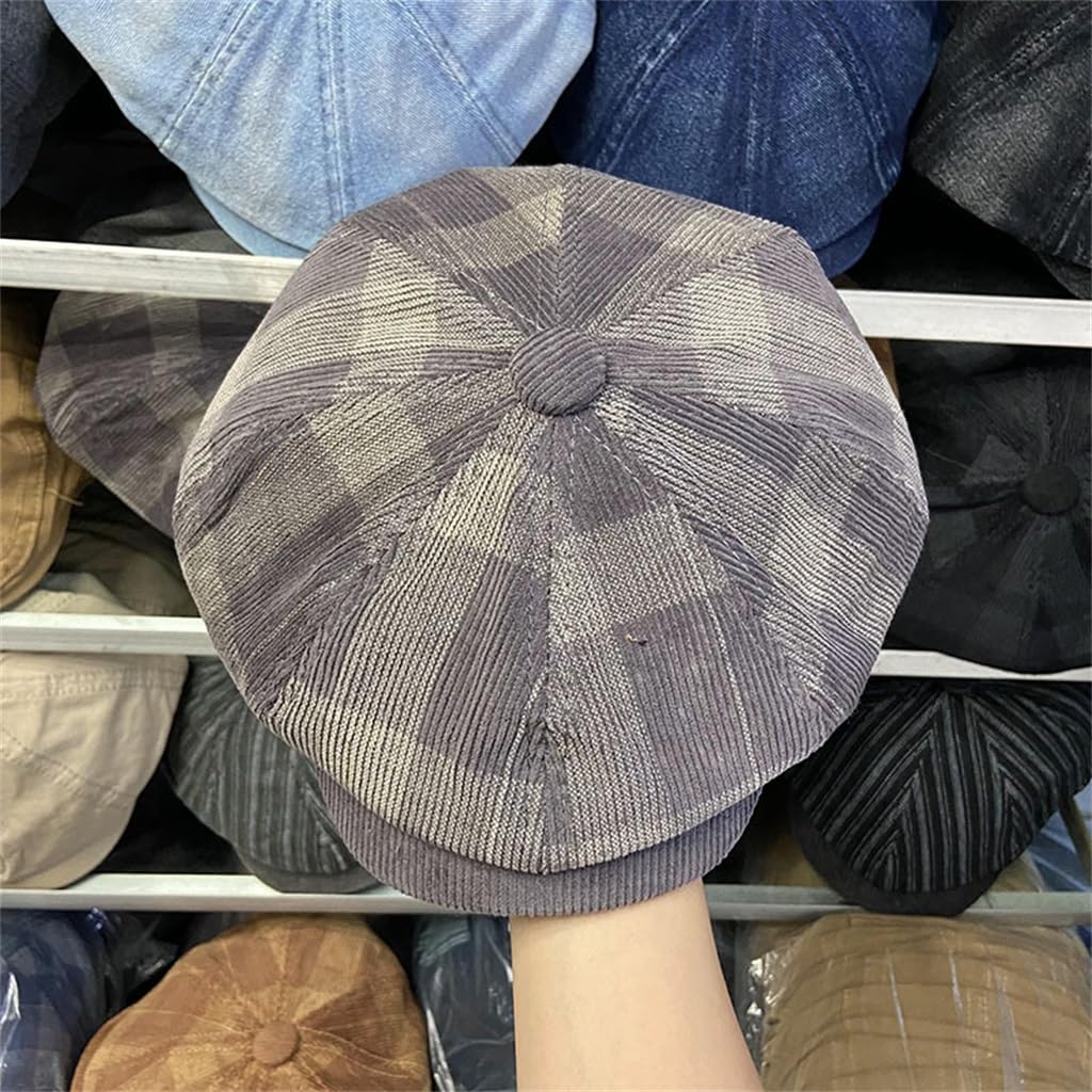 Grey Corduroy Plaid Octagonal Hat Sub Duck Tongue Cap Classic Retro Newsboy Cap
